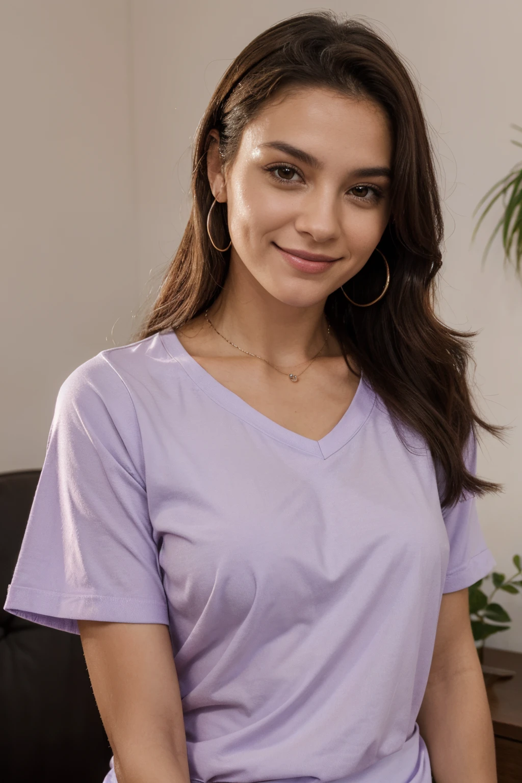 (higher resolution, diferente_imagem) a melhor qualidade, uma mulher, master part, altamente detalhado, Semi realistic, 21 anos, Beautiful, jovem, Handsome, camiseta, lilac shirt pulled, collar on neck, interior, Quarto moderno, janela, Acordar, morning, corar, sorridente