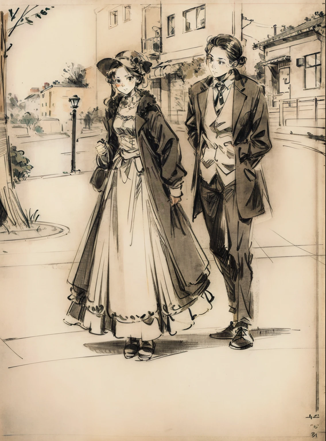 Pencil sketch of A young woman secretly flirts with her neighbour in a park