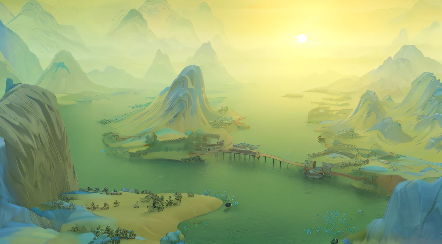 There is a landscape painting，There is a bridge, Beautiful rendering of the Tang Dynasty, beautiful landscape rendering, Inspired by Shen Zhou, Dream China Town, Inspired by Yi Yinwen, 《Kola Legend》Set, Detailed scenery – width 672, Avatar landscape, Inspired by Zhu Lian, inspired by Yuan Jiang, Chinese landscape, Inspired by Liu Jue