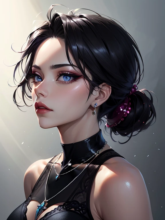 1girl in, 独奏, silver jewelry, black hair tied into ponytail necklace, plump juicy lips, Long hair, makeup dark eyeshadow, upper-body, closed mouth, black dress, Dress, black theme, bad-girl, sparkly skin,(mature female),Chic, punk style, Close-up portrait of a face, Smooth soft skin, big dreamy eyes, light-blue eyes, showing forehead, pushed backed hair, Symmetrical, anime wide eyes, long eyelashes, soft-lighting, Detailed Face, makoto sinkai, by stanley artgerm lau, WLOP, rossdraws, Concept art, Digital Painting, looking up at the camera