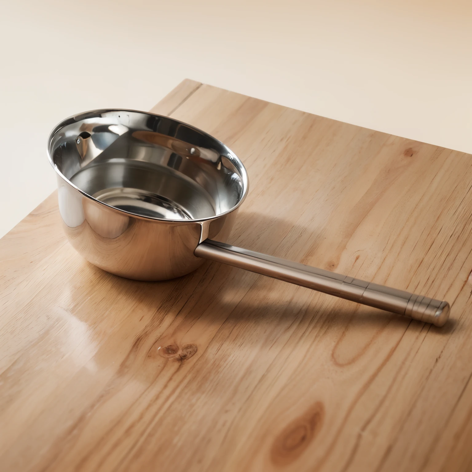 (Best quality, ultra - detailed, actual:1.37), Close-up of metal measuring spoon with handle on kitchen table, Shiny surface, Made of stainless steel, Textured wooden table, natural  lightting, Minimalist composition, neutral color palette, Clean and pristine environment, Precise measurement, Professional food photography aesthetics