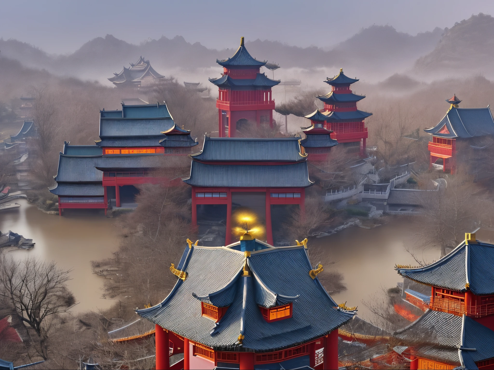 8,000-year-old hedonistic style Asian houses, ethereal 6,000-year-old plum trees, mountain peaks, lying in a white cloud wonderland, liquid clouds, emitting spore clouds, surreal water art, badly damaged walls, glowing flower-shaped clouds, slimy reflections, photos taken with Sony A7R camera, clear focus on the landscape,