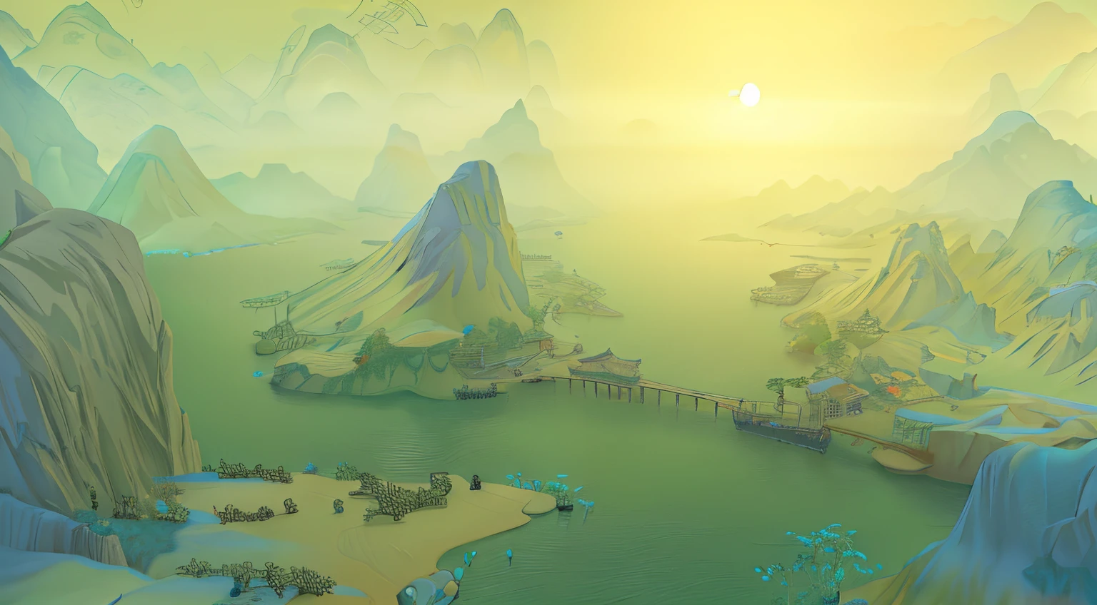 There is a landscape painting,There is a bridge, Beautiful renderings of the Tang Dynasty, beautiful landscape rendering, Inspired by Shen Zhou, Dream Chinatown, Inspired by Yi Yinwen, 《Kola Legend》poser, Detailed view – width 672, Avatar landscape, Inspired by Zhu Lian, inspired by Yuan Jiang, Chinese landscape, Inspired by Liu Jue