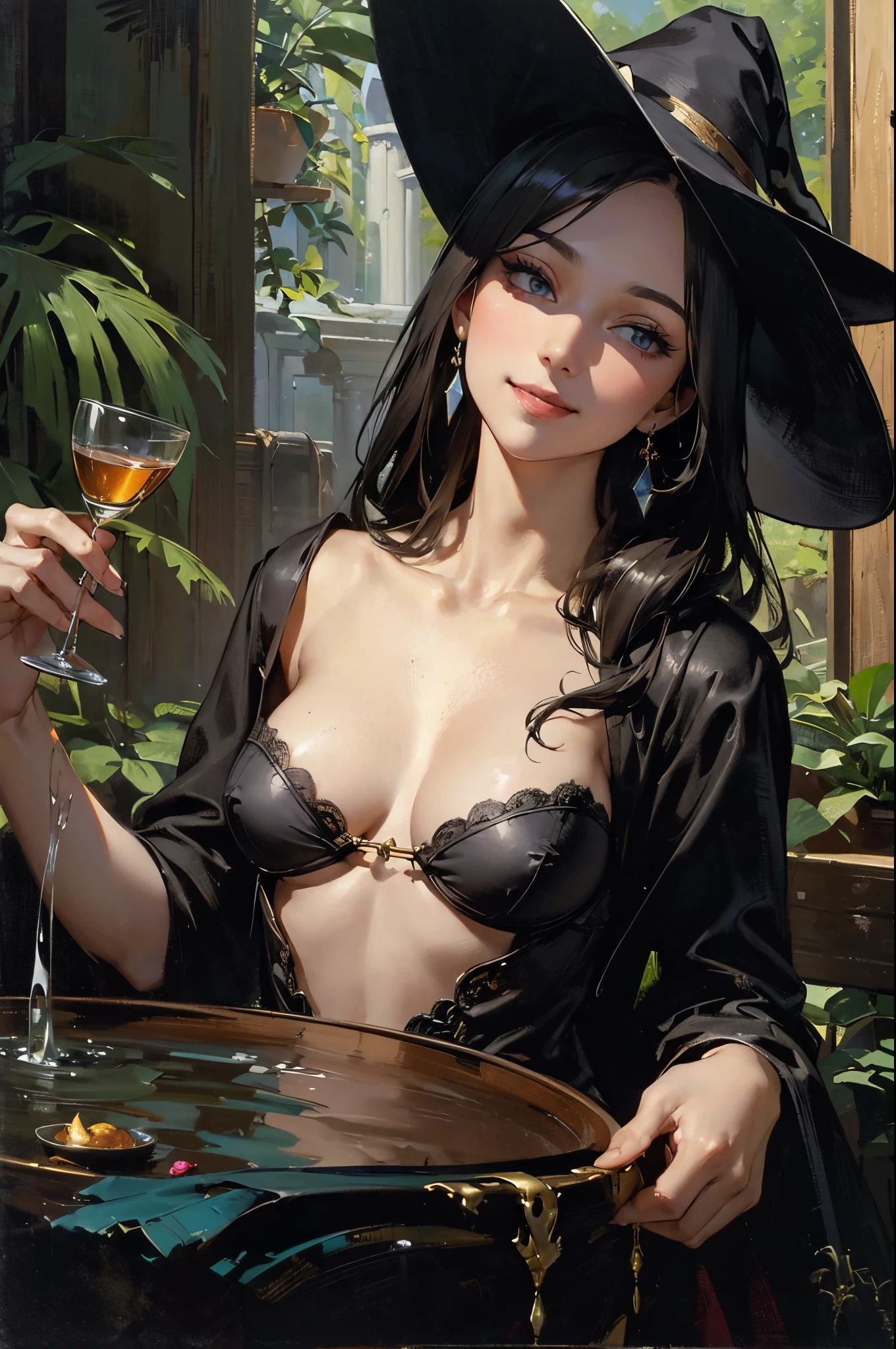 (2  girls),((Yuri))),((Eye contact))),(Look at each other),((medieval world)), (((The witch's old black hat))), (Slim witch in white), (Slim black witch), Gentle eyes, (She has a naughty smile on her face:1.4), Friendly and girly face, Glass earrings on the ears, Purgatory Altar, Ancient ruins overgrown with plants, great demon temple, great cathedral, Devil&#39;s Hall, temple ruins, detached temple, Magic Array, Ancient Castle Site, abandoned ruins, crumbling ruins, Monumental sites，The water is clear, wavelets, The  runs water,熟妇，mature，，Perfect mature female figure, slim toned body,Original, mediuml breasts,High detail 8K wallpaper, perspired,Wet hair,(very delicate beautiful),Contour deepening, realistically, Precise geometry, Complicated details, Smiling, Close-up cleavage,((Sexual suggestiveness)),,(Fechin Oil Painting - Fechin Oil Painting , oil painted), 04