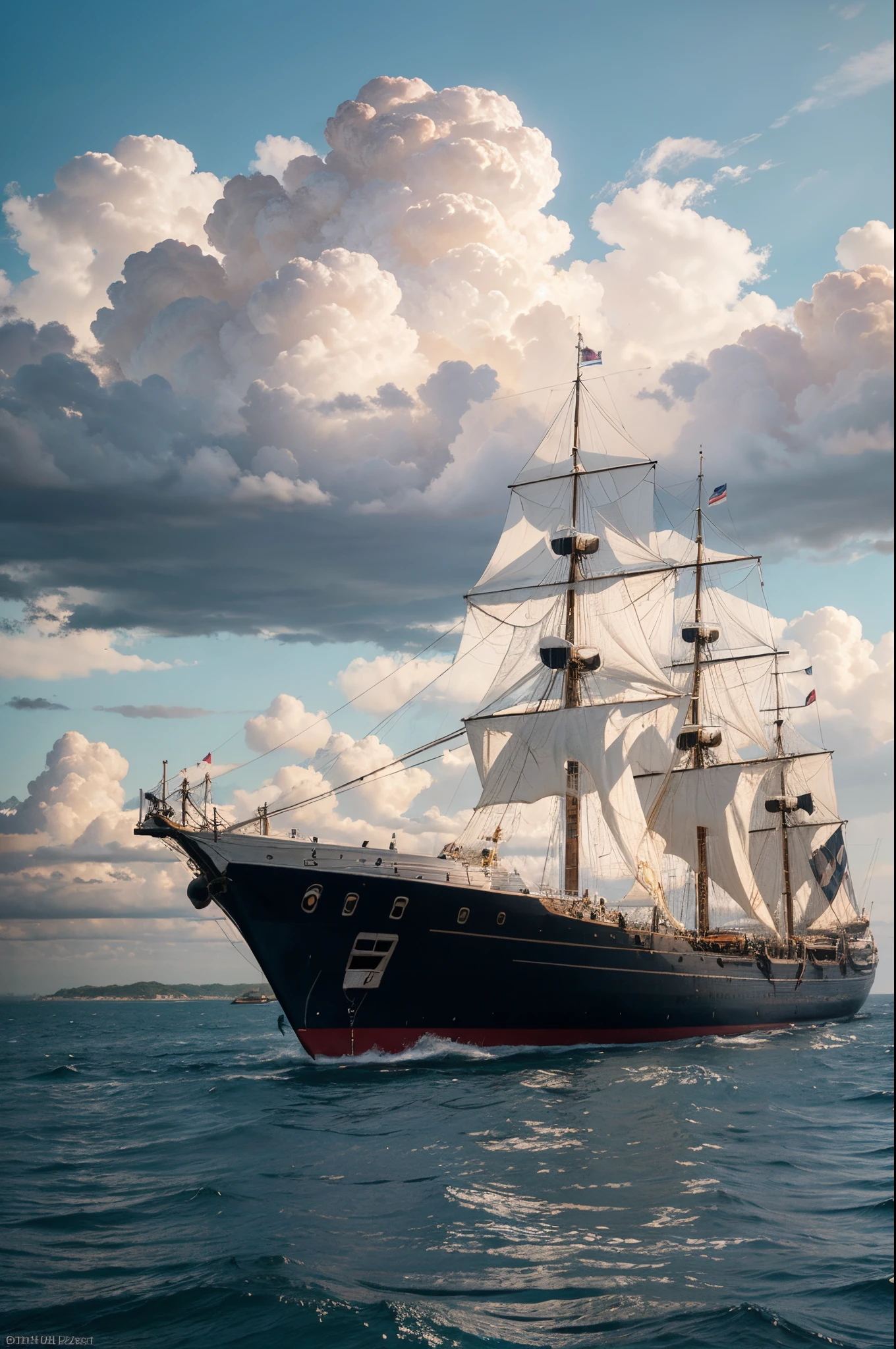 Drawing a sailing ship in a cloudy sky,painted in high resolution,high detal。digitial painting, digital painting concept art, Painting as game concept art, stylised painting, concept-art |RHADS,painterly concept art,Inspired by RHADS,atmospurate。digitial painting,oil paint concept art,Sail ships,very detailed digital painting,The morning sun shines on the canvas,