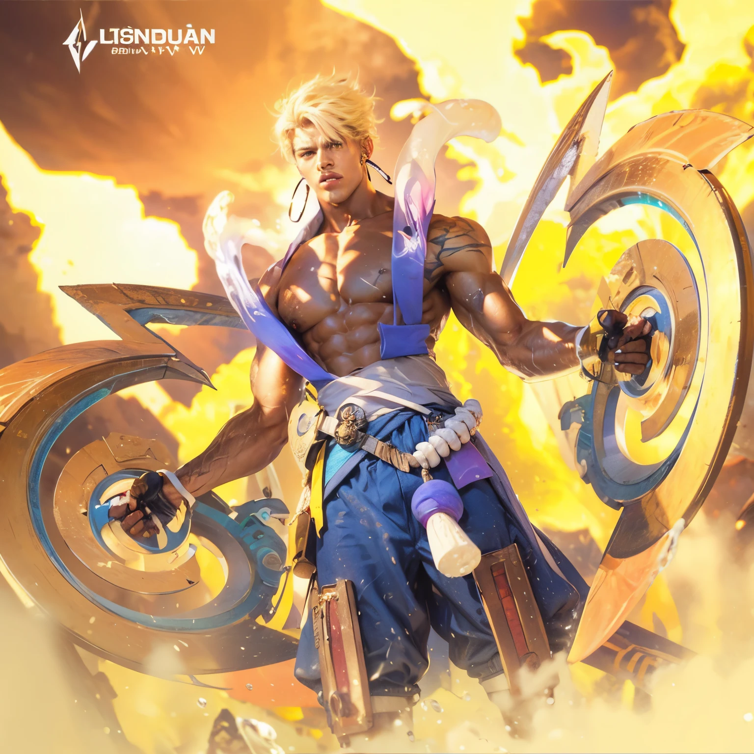 (max resolution: 1.2), (Ultra HDTV: 1.2), 8K resolution, Eye and skin details, detailed facial features, , (Sharp focus: 1, 2), ( Accurate focus) facial expressions: 1,2), Standing boy , (White hair, blonde streaks), (Shirtless), Shirtless, Perfect muscles, 8 pack, (light sweat, white fluid, splashing all over the body), (Black briefs), Blue sky, Tree mortar, Transplant, Lightning (yellow), ((Little drops of water on 8-pack abs)), (((water, water)))