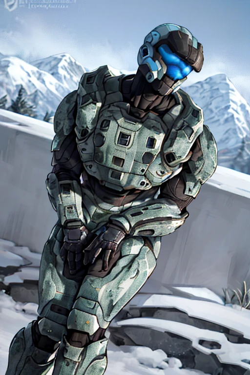 spartan, 1boy, solo, standing, helmet, faceless, armor, gloves, power armor, science fiction, crotch plate, muscular, large hips, outside, snow, mountain, looking to the side, back facing viewer, flexing muscles,