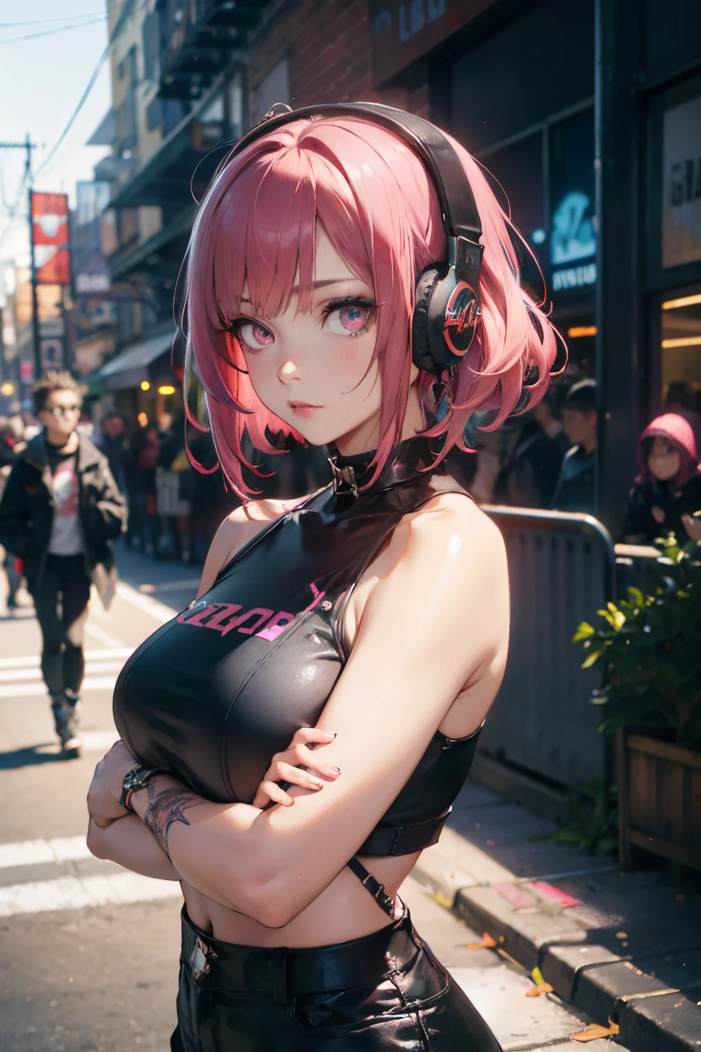 a 20 yo woman、A dark-haired、(hi-top fade:1.3)、dark themed、Muted Tones、Subdued Color、highly contrast、(natural skin textures、Hyper-Realism、Soft light、sharp)、(masutepiece:1.2, Best Quality), (real picture, Intricate details), (1lady, Solo, Upper body, Big Tits)
Clothes: Edgy, Avant-garde, experimental
appearance: Shaved head or bold hair color, Dramatic makeup, Unconventional fashion choices
behavior: defiance, non-conformist, place of provocation: urban art district, Underground Music Scene
hobby: attending punk shows, creating mixed media art, Try different subcultures
values: individuality, authenticity, creative expression inspiration: Punk rock music, Counterculture icons, avant-garde art movement character: Bold, boldness, Unconventional. Neon Street Female 1 Person Pink Hair Full Shot Rough Headphones Full Body