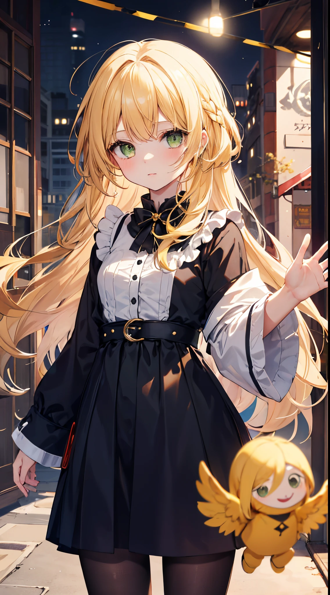 Envision a girl with golden hair and green eyes, trapped in curiosity, dancing with a wooden puppet. Focus on innocence, the plea 'Don't abandon me, for I'm just a foolish ,' and the transition from high affections to low-life regrets. Emphasize the repeated use of 'Yellow' with warm, vibrant hues.