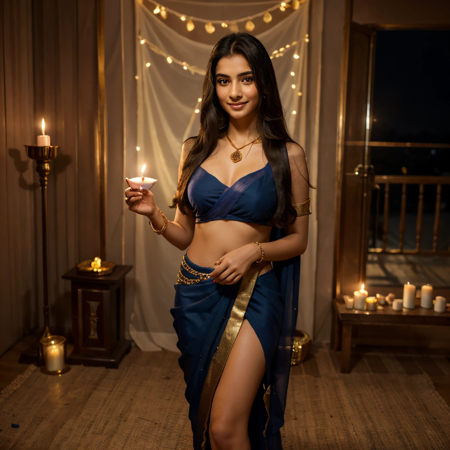 One woman of about 20 years old, black long hair, body measurement 36-25-36, height 5'7", Hazel eyes, wearing red and blue dress, wearing saree, holding a lit diya, traditional beauty, gold necklace jewelry, diwali celebration, candle lights, clay diya lights, oil lamp in hand, burning firecrackers, smiling, fair skin, candid pose, Full Body full height Shooting, Masterpiece, traditional Photography, 8k, Top Quality, Fine Pore, Photorealistic, Ultra Detailed, (high skin detail:1.2),Extremely detailed,Intricate, sharp-focus