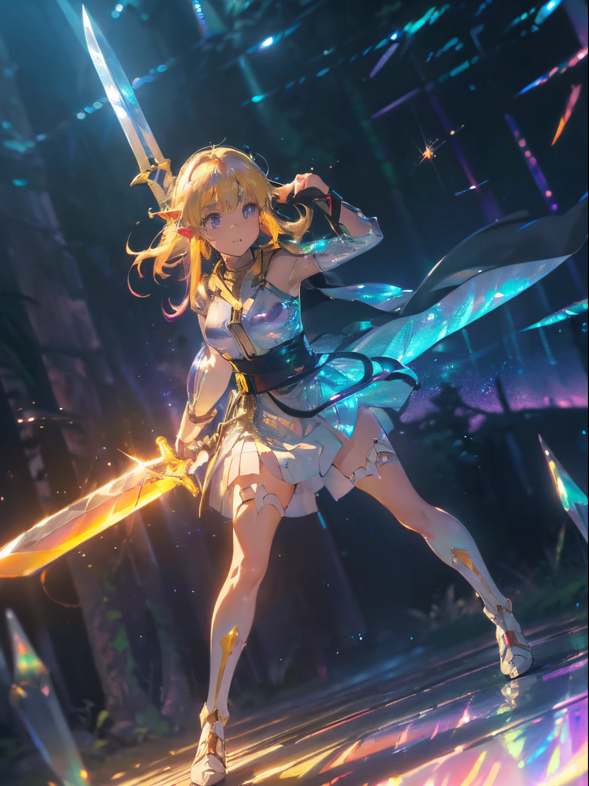 asunayuuki, With two swords, White combat uniform, Sword Art Online Adaptation, Red strokes that simulate the speed of the character, Battle Mode, (Ultra-realistic), {extremely detailed 8k CG unit wallpaper}, Vast landscape photos, (A central view that prioritizes the entire character, (Wide Open Field View), (low  angle shot), (Highlight: 1.5), (low illuminance: 1.0), (Warm light source: 1.0), intricate-detail, (Iridescent colors: 1.5), (Bright lighting), (Atmospheric lighting), Sword Art Online, Dreamy, Anime、（Best Quality: 1.3), 8K, (masutepiece: 1.3), Ultra High Resolution, 1 girl, Extra huge, Oversize, (Sword: 1.5), open stance, Dynamic Attack Action Pose, slush, attack action, (speeding) Girl moving in the sky at high speed, (slow motion:1.3), (Motion Blur:1.3), (SPEEDLINE:1.4), Sense of speed, elf, (White armor), (forest), Blonde, (Full body: 1.4), Cute face, Medium Hair, 18 years old,