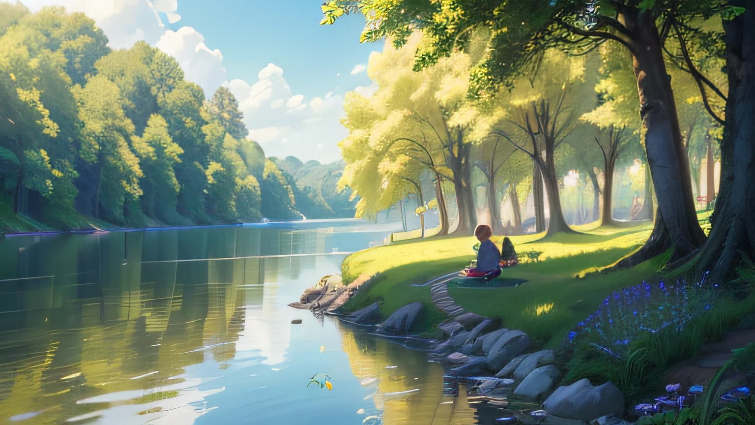 (best quality,4k,8k,highres,masterpiece:1.2),ultra-detailed,(realistic,photorealistic,photo-realistic:1.37),landscape,sunny summer day,clear blue sky,fluffy white clouds,vibrant green grass,shimmering sunlight on the water,gentle breeze,rays of sunlight piercing through the clouds,tall trees swaying in the wind,a peaceful picnic scene by the lake,children playing and laughing,tiny butterflies fluttering around,colorful flowers in full bloom,lush foliage and plants,touches of warm sunlight illuminating the scene,soft shadows contrasting with the vibrant colors,blissful atmosphere,tranquility and serenity.