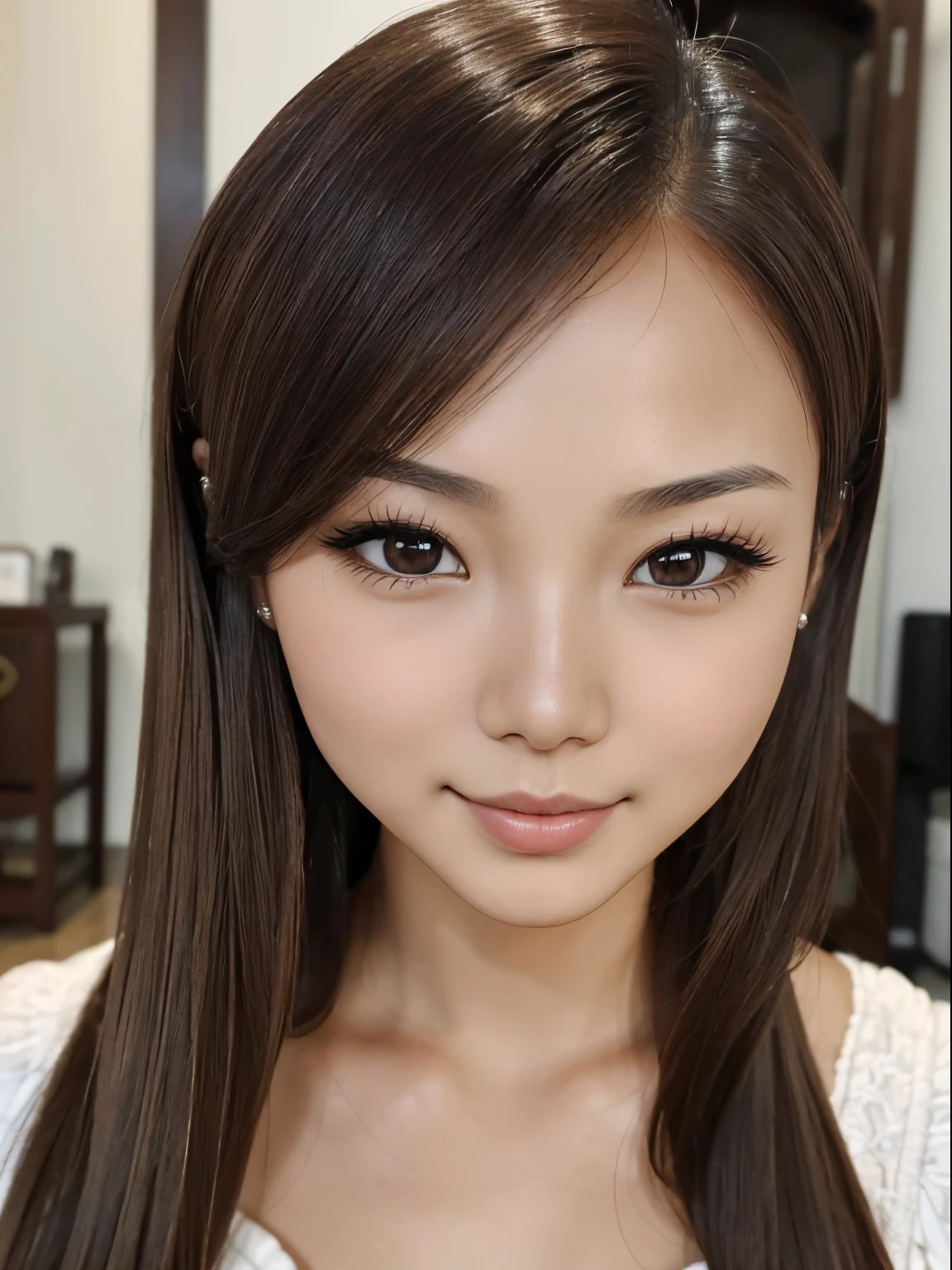 (Masterpiece), (Realistic), (best quality), blurred background, (idol_face), tanned_chinese_cute_28+years_woman, straight_brown-walnut_hair, (small)_forehead, ((small)_(rounded)_eyebrows), (brown-walnut_monolid_upturned_eyes), (double_eyelid), most beautiful_perfect_nose, big_round:1.4_feminine_cute_cheeks, round_feminine_cheekbone, thin:1.2_lips, (broad:1.3)_feminine_jaw, rounded_chin, short_153cm_beautiful_feminine_body, wearing_corset, sensual_friendly_expression