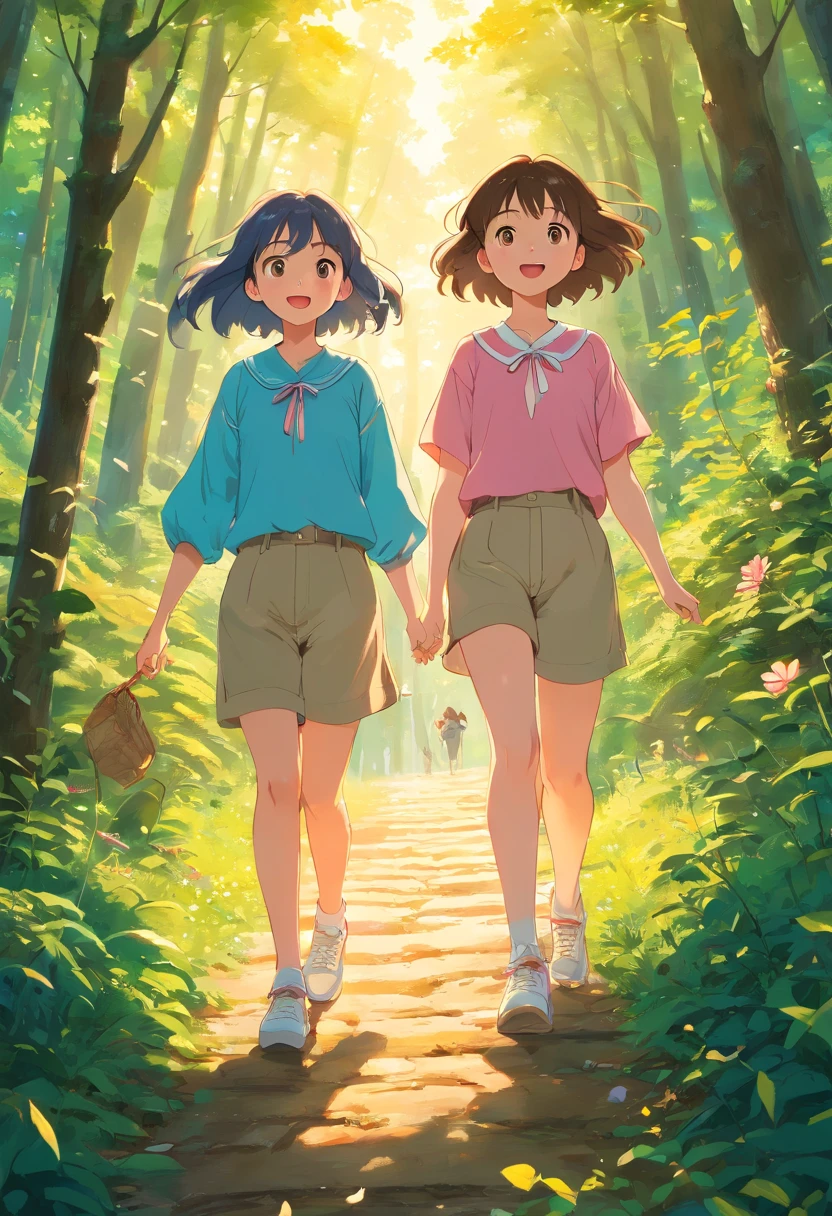 (best quality, 4k, highres, masterpiece:1.2), ultra-detailed, realistic:1.37, two beautiful girls walking through a forest, they have detailed faces, well-defined bodies, both wearing pink blouses, black shorts, white sneakers, masterpiece in high definition, lush green trees with sunlight filtering through the leaves, vibrant colors, soft and natural lighting, serene atmosphere, clear blue sky, golden sunlight casting a warm glow on the girls' faces, gentle breeze rustling their hair, birds chirping happily in the background, intricate details of the girls' features including their eyes, nose, and lips, capturing their youthful and joyful expressions, the girls holding hands, their laughter filling the air, a path covered in fallen leaves leading through the forest, hinting at an adventurous journey ahead, the girls surrounded by colorful wildflowers, symbolizing their free-spirited nature, the forest filled with enchanting sounds, inviting the viewer to explore its beauty.