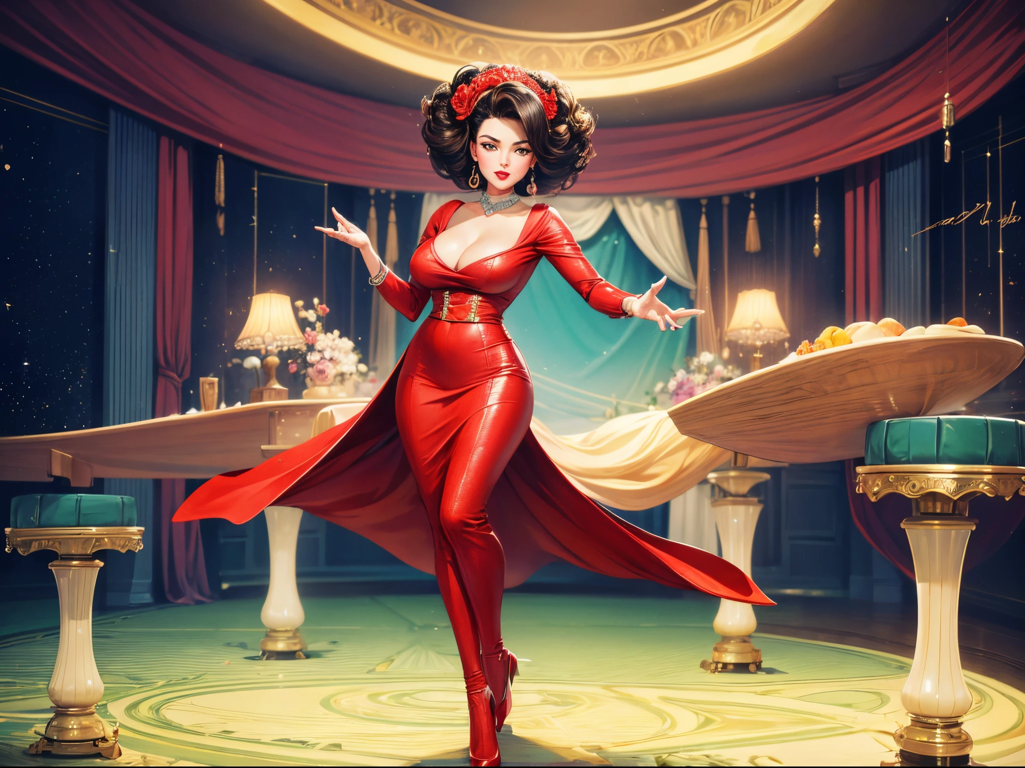 (best quality,4k,8k,highres,masterpiece:1.2),ultra-detailed,(full body:1.5),(realistic,photorealistic,photo-realistic:1.37),vintage, 1960s', beautiful woman,retro style,vintage fashion,pin-up girl poster,glamorous appearance,sensual pose,classic red lips,curly hair,flawless skin,stylish clothes,rockabilly inspiration,colorful background,soft lighting,elegant atmosphere