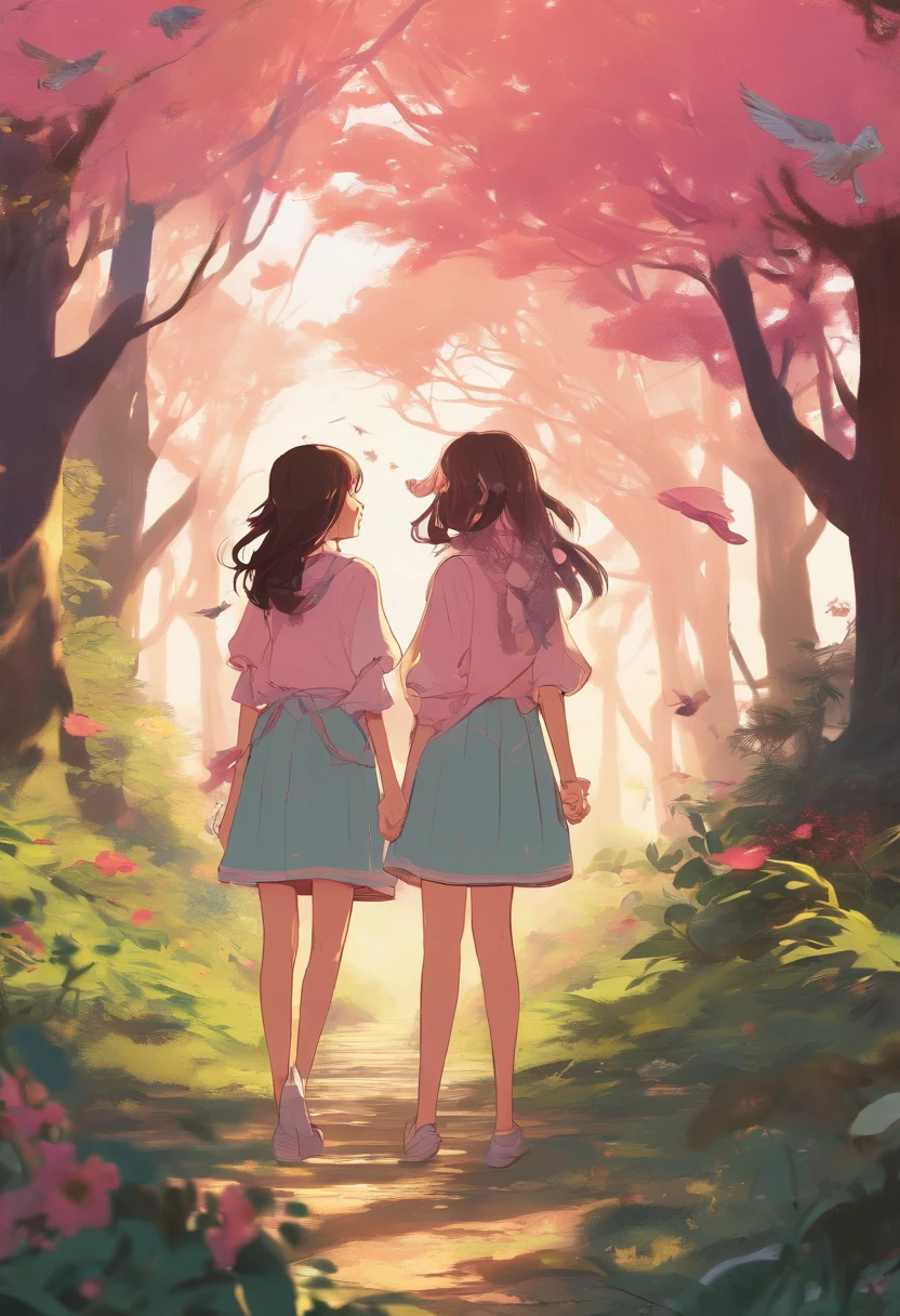 (best quality, 4k, highres, masterpiece:1.2), ultra-detailed, realistic:1.37, two beautiful girls walking through a forest, they have detailed faces, well-defined bodies, both wearing pink blouses, black shorts, white sneakers, masterpiece in high definition, lush green trees with sunlight filtering through the leaves, vibrant colors, soft and natural lighting, serene atmosphere, clear blue sky, golden sunlight casting a warm glow on the girls' faces, gentle breeze rustling their hair, birds chirping happily in the background, intricate details of the girls' features including their eyes, nose, and lips, capturing their youthful and joyful expressions, the girls holding hands, their laughter filling the air, a path covered in fallen leaves leading through the forest, hinting at an adventurous journey ahead, the girls surrounded by colorful wildflowers, symbolizing their free-spirited nature, the forest filled with enchanting sounds, inviting the viewer to explore its beauty.
