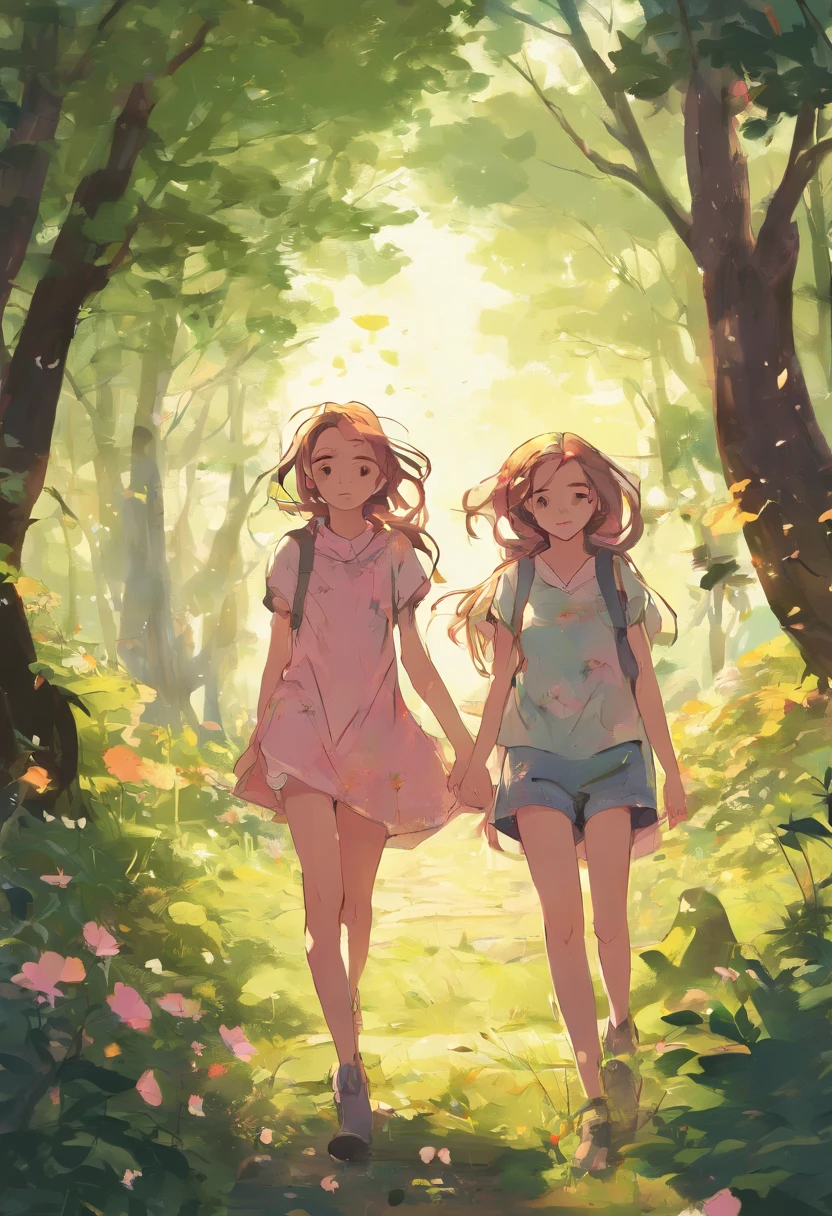 (best quality, 4k, highres, masterpiece:1.2), ultra-detailed, realistic:1.37, two beautiful girls walking through a forest, they have detailed faces, well-defined bodies, both wearing pink blouses, black shorts, white sneakers, masterpiece in high definition, lush green trees with sunlight filtering through the leaves, vibrant colors, soft and natural lighting, serene atmosphere, clear blue sky, golden sunlight casting a warm glow on the girls' faces, gentle breeze rustling their hair, birds chirping happily in the background, intricate details of the girls' features including their eyes, nose, and lips, capturing their youthful and joyful expressions, the girls holding hands, their laughter filling the air, a path covered in fallen leaves leading through the forest, hinting at an adventurous journey ahead, the girls surrounded by colorful wildflowers, symbolizing their free-spirited nature, the forest filled with enchanting sounds, inviting the viewer to explore its beauty.