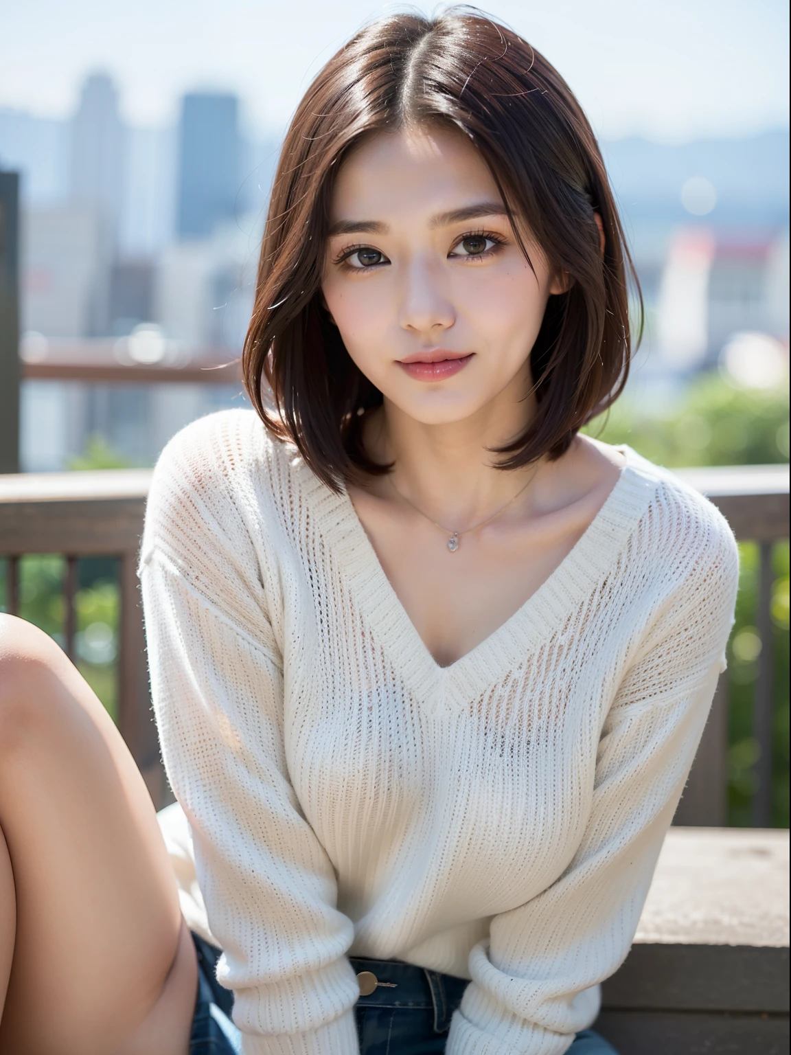 tmasterpiece, Best quality at best, 真实感, finely detailled, A high resolution, 8k wallpaper, Perfect dynamic composition, 美丽细致的眼睛, Medium hair, Full, large breasts, Casual and sexy poses,Random cases、Gray skinny sweater、Bulging breasts、A smile、view over city、25 age old、(Sagging eyes1.3)、adult beauty、natural makeup、japanes,