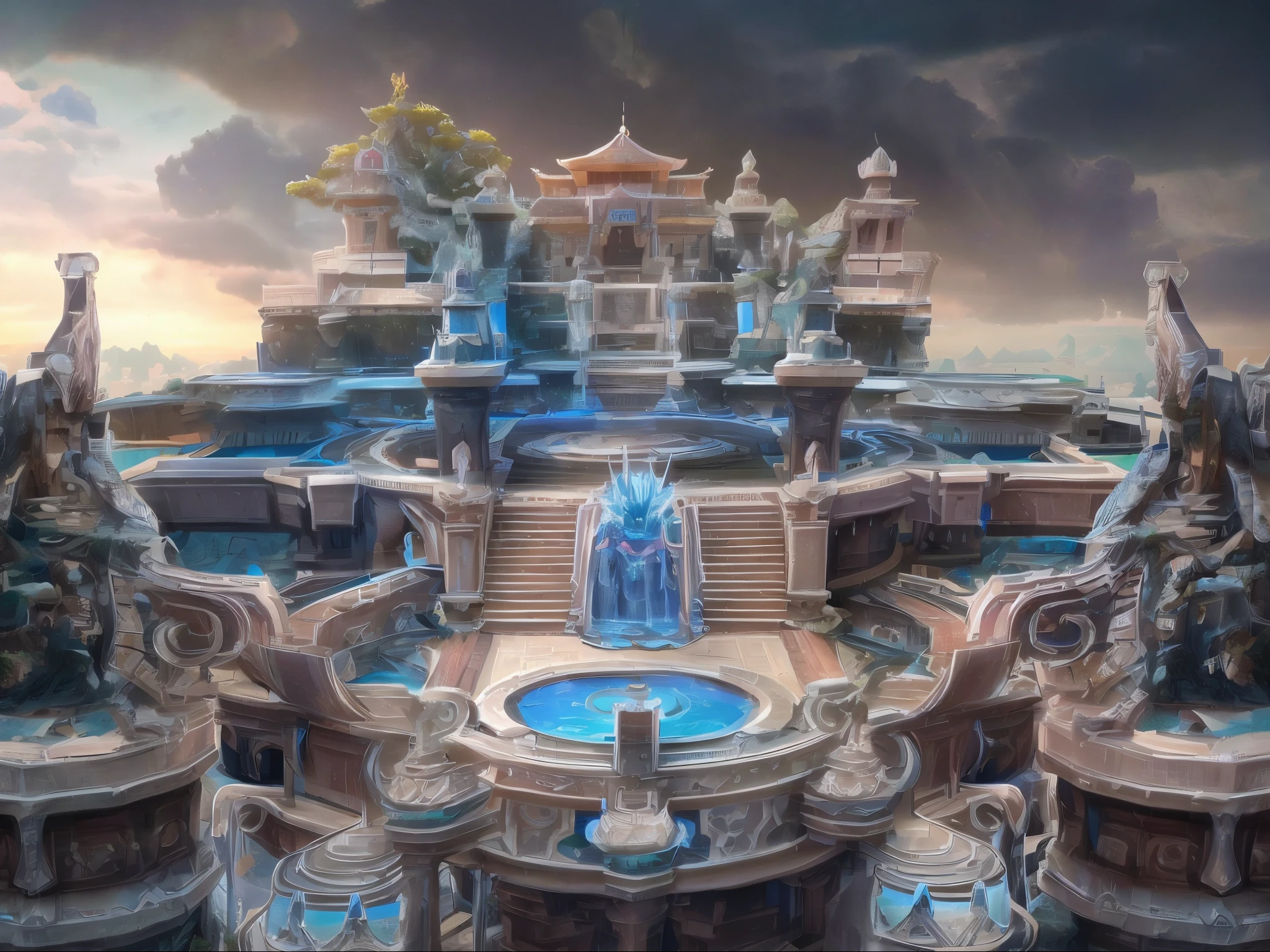 Close-up of a very large building,There are a lot of statues inside, Colorful Warcraft buildings, Beautiful rendering of the Tang Dynasty, warcraft building, Cyberpunk ancient Chinese castle, Huge future temple city, Stunning fantasy 3d rendering, futuristic palace, Temple of the Gods!!!, The massive and structured city of Valhalla, Fantasy 3D rendering, Ruvana Concept Art Library, water temple