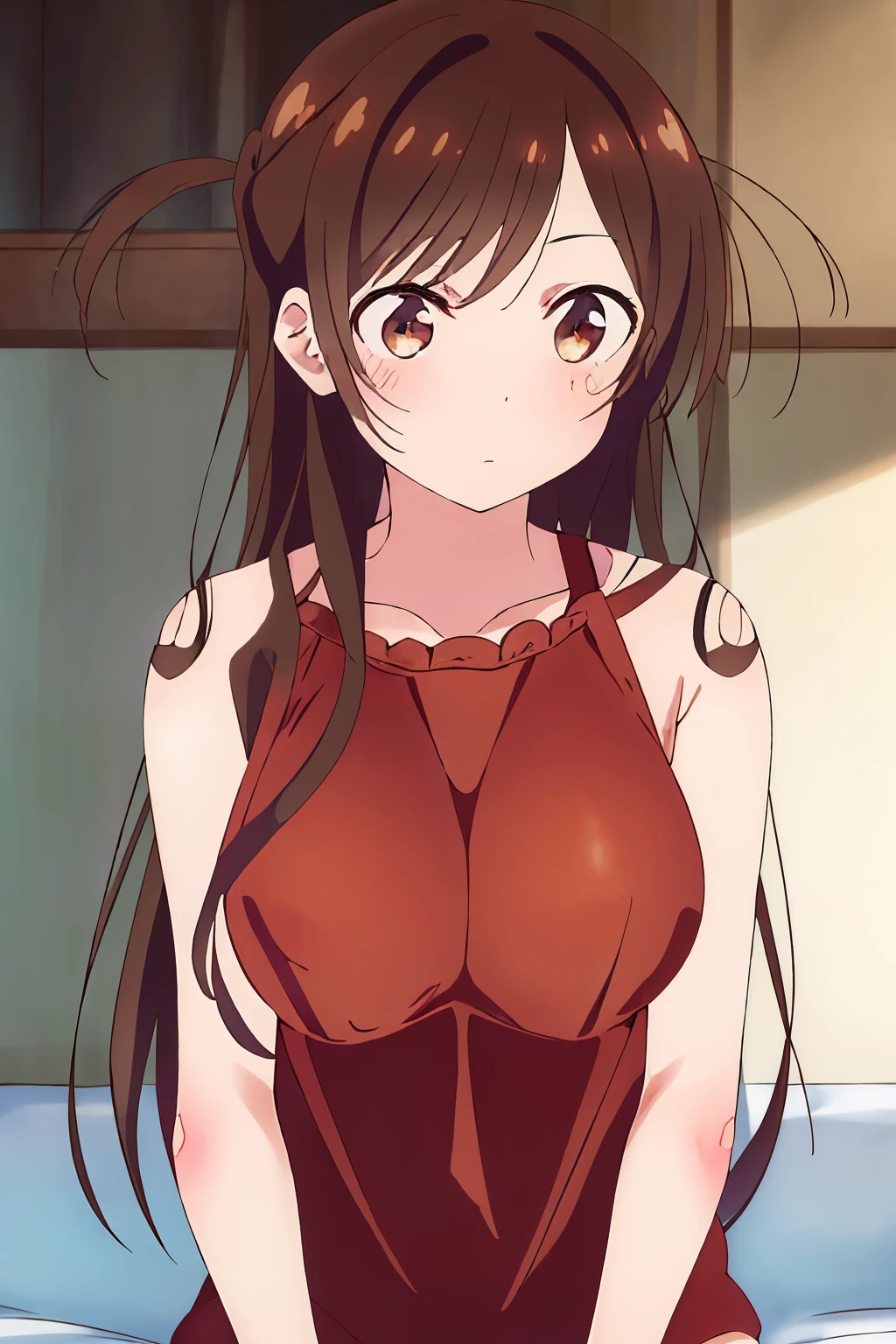 1 girl, alone, mizuhara chizuru, (brown eyes: 1.5), brown hair, long hair, (one side up: 1.5), BREAK lingerie, REST inside, bed, REST looking at the viewer, BREAK, (masterpiece: 1.2), best quality, high resolution, Unity 8k wallpaper, extremely detailed face, perfect lighting, extremely detailed CG (perfect hands, perfect anatomy), large breasts, medium hips, wide thighs