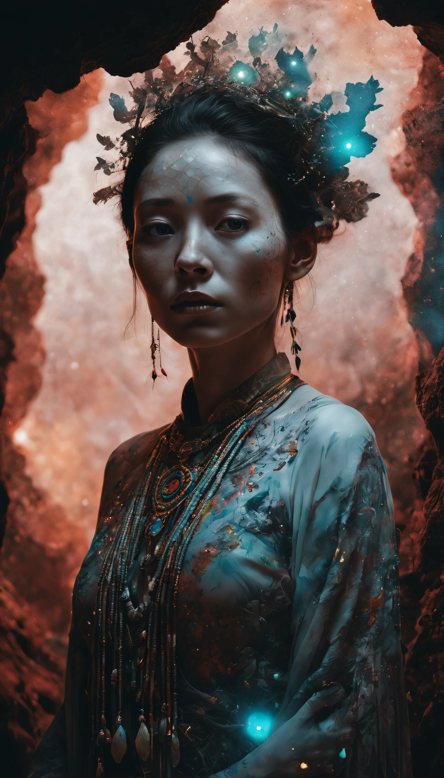 (Portrait of a female shaman, radiating aura, highly detailed, intricate motifs, organic tracery, Januz Miralles, Hikari Shimoda, glowing stardust, perfect composition, smooth, sharp focus, sparkling particles, inside of a cave realistic, realism, hd, 35mm photograph, 16k), masterpiece, award winning photography, natural light, perfect composition, high detail, hyper realistic, UHD, RAW, colourful