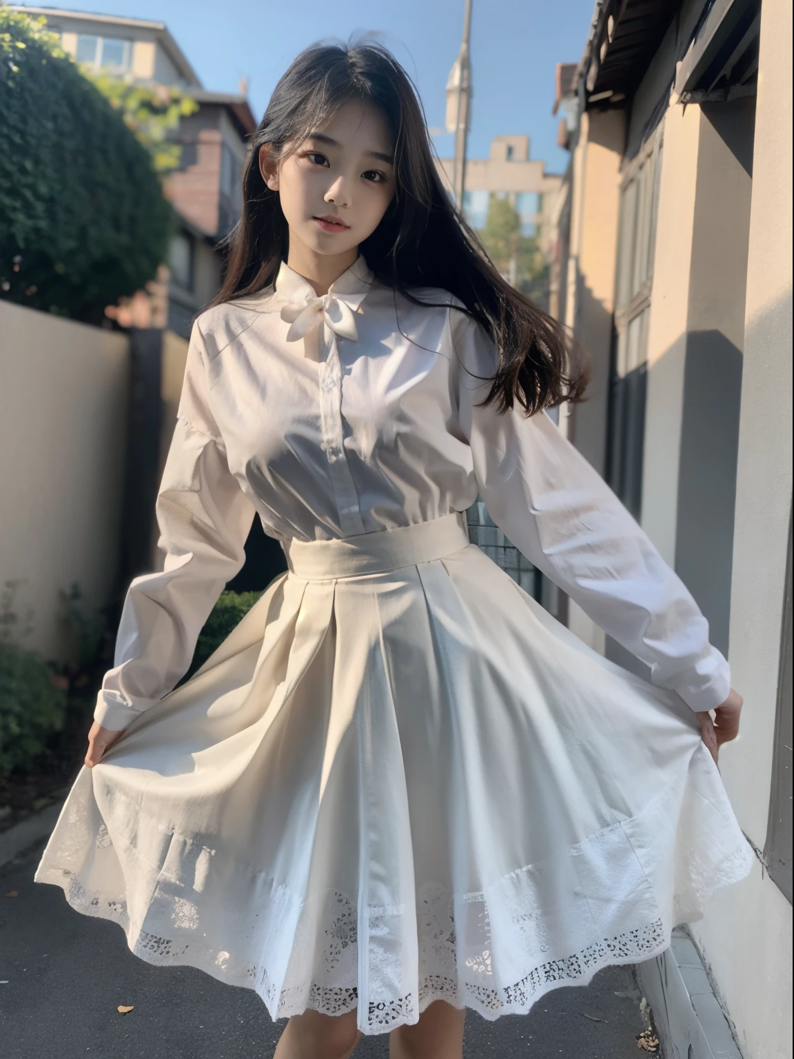 Original quality, highest quality, best image quality, exaggerated detail, cute 8--old an girl with shy expression, slightly squinted eyes, adjust her hair, long eyelashes (long / very, in uniform) outdoors, posing in front of the camera, focus on breasts. Wear a white shirt.,Bigchest,The chest is more exposed, Thin silk lace petticoat