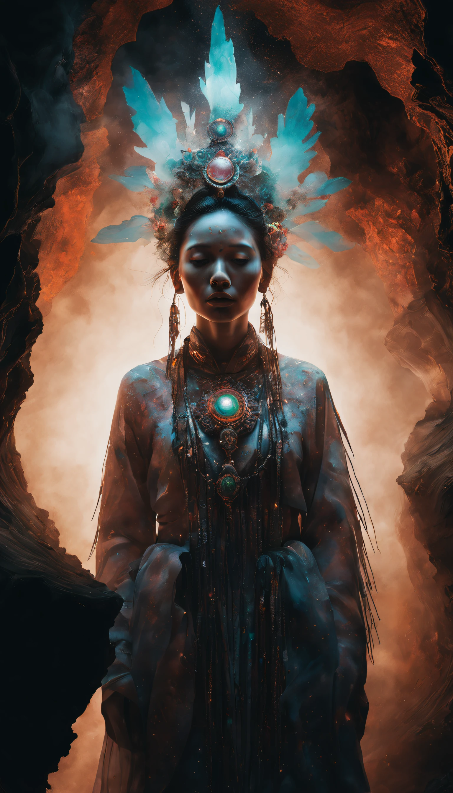 (Portrait of a female shaman, radiating aura, highly detailed, intricate motifs, organic tracery, Januz Miralles, Hikari Shimoda, glowing stardust, perfect composition, smooth, sharp focus, sparkling particles, inside of a cave realistic, realism, hd, 35mm photograph, 16k), masterpiece, award winning photography, natural light, perfect composition, high detail, hyper realistic, UHD, RAW, colourful