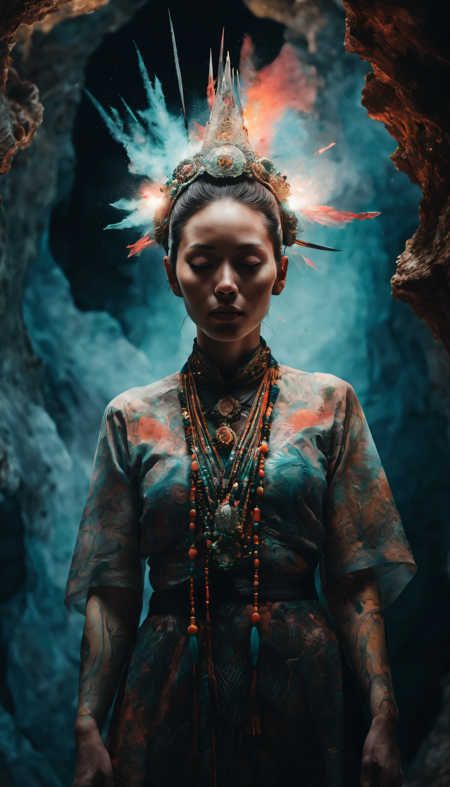 (Portrait of a female shaman, radiating aura, highly detailed, intricate motifs, organic tracery, Januz Miralles, Hikari Shimoda, glowing stardust, perfect composition, smooth, sharp focus, sparkling particles, inside of a cave realistic, realism, hd, 35mm photograph, 16k), masterpiece, award winning photography, natural light, perfect composition, high detail, hyper realistic, UHD, RAW, colourful
