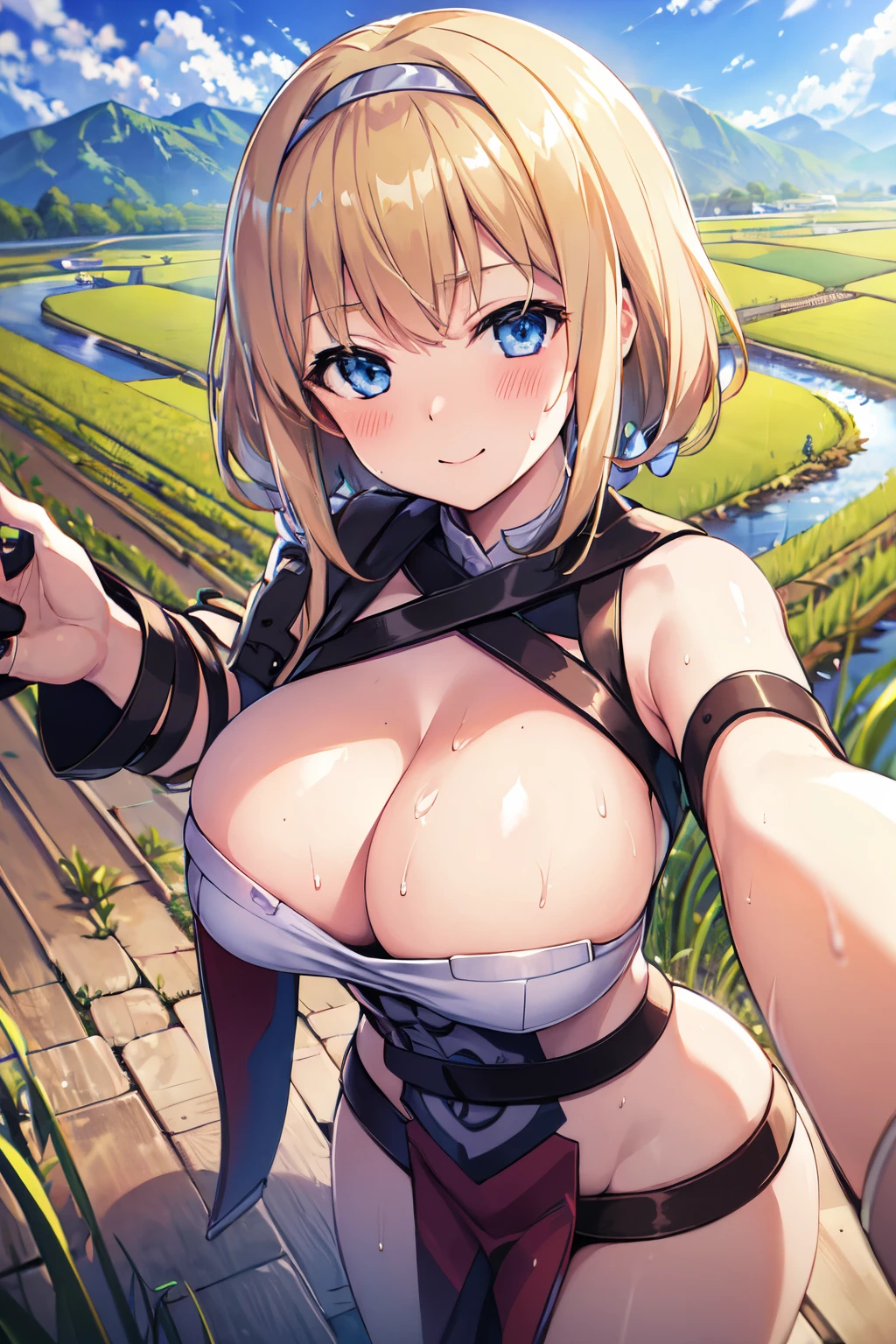 LeinaQuiron woman, 1girl, solo, breasts, blush, blue eyes, blonde hair, large breasts, cleavage, braid, hairband, armor, twin braids, side braid, short hair with long locks, buckle, shield BREAK (masterpiece, best quality:1.3), 4k, ultra-detailed, trending in pixiv, detailed background, BREAK (amidst the paddy field, countryside, scenery:1.4), BREAK (basking in the sunlight, yokozuwari, selfie:1.3), happy smile, (sweat, shiny skin:1.3)