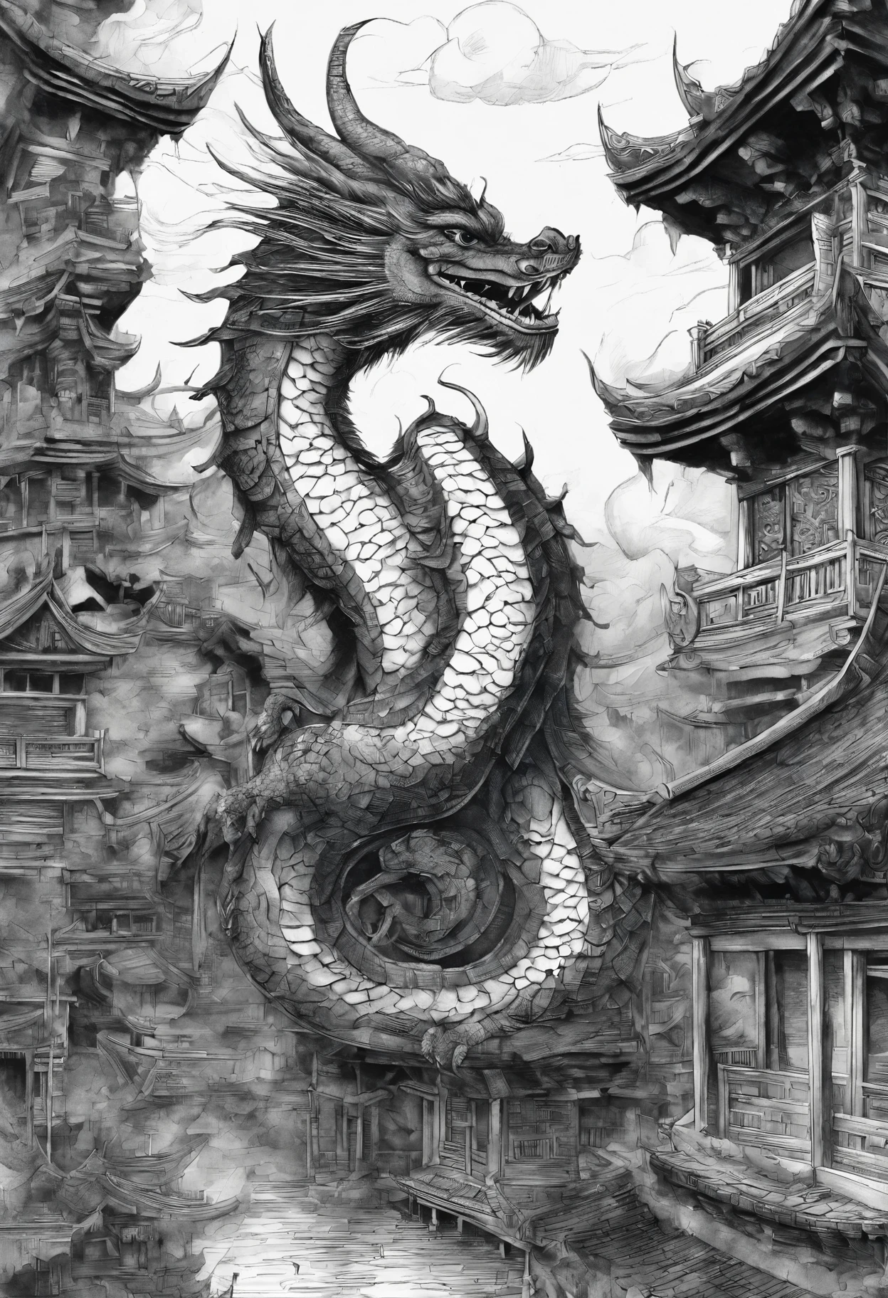 (tmasterpiece,Best quality at best:1.2),An oriental dragon,Hovering over ancient Chinese buildings, ,((wash painting)),((ink...)), 电影灯光,动态照明,Wide