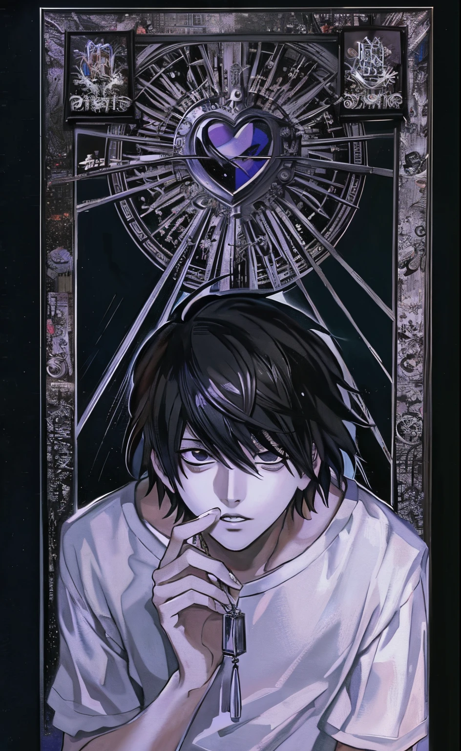 a painting of a man with a heart on his chest, death note, death note style, by Takeshi Obata, l · Lawliet, inspired by Takeshi Obata, death note ， d & d, light yagami, yagami light, style of junji ito, manga”, junji ito artwork, art style of junji ito , L Lewnit . Death Note