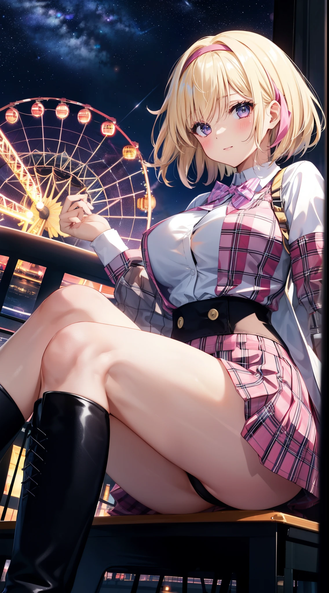 1girl, solo, blonde hair, (streaky hair), scene hair, pink streaks, short hair, huge breasts, headband, sitting, ferris wheel in background, amusement park, night, starry sky, nebula, holding plushie, ray tracing, chromic aberration, pink plaid bowtie, pink plaid skirt, black button up, sleeves pushed up, pink plaid sleeve cuffs, knee high boots, from below,