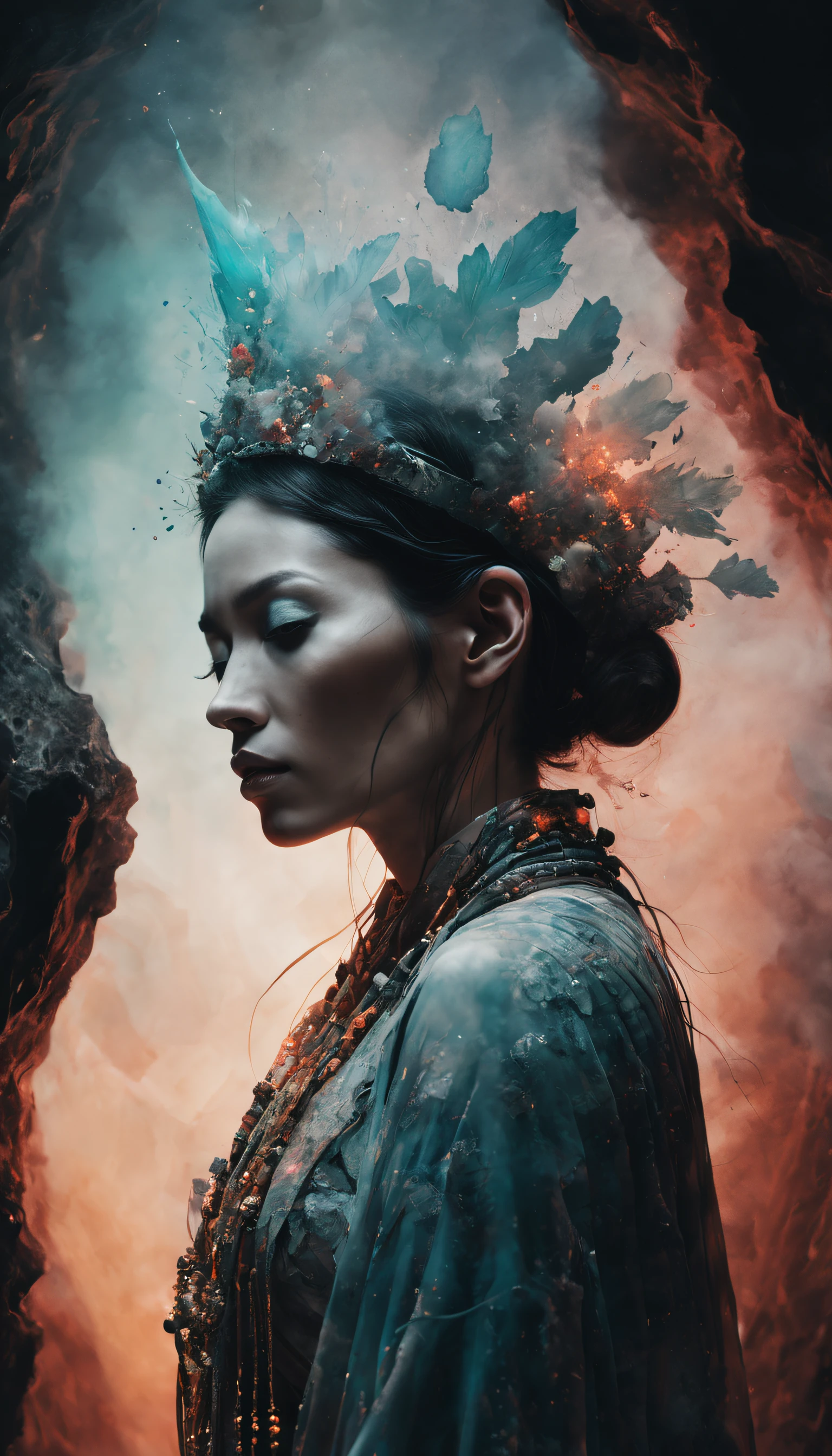 (Portrait of a female shaman, radiating aura, highly detailed, intricate motifs, organic tracery, Januz Miralles, Hikari Shimoda, glowing stardust, perfect composition, smooth, sharp focus, sparkling particles, inside of a cave realistic, realism, hd, 35mm photograph, 16k), masterpiece, award winning photography, natural light, perfect composition, high detail, hyper realistic, UHD, RAW, colourful