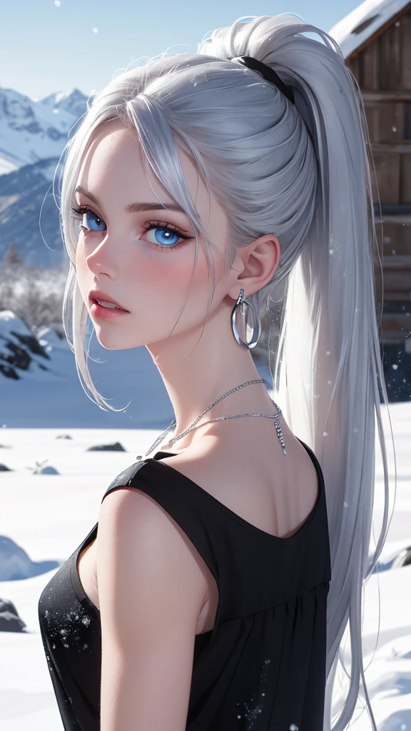 (ultra realistic, best quality, masterpiece, perfect face) black hair, long hair, pony tail, 18 year old, looking intensely at viewer, punk style clothing, black clothes, silver necklace, silver earrings, plump juicy lips, pale skin, pale blue eyes, symmetrical, background: snowy mountains, falling snow, correct body proportions