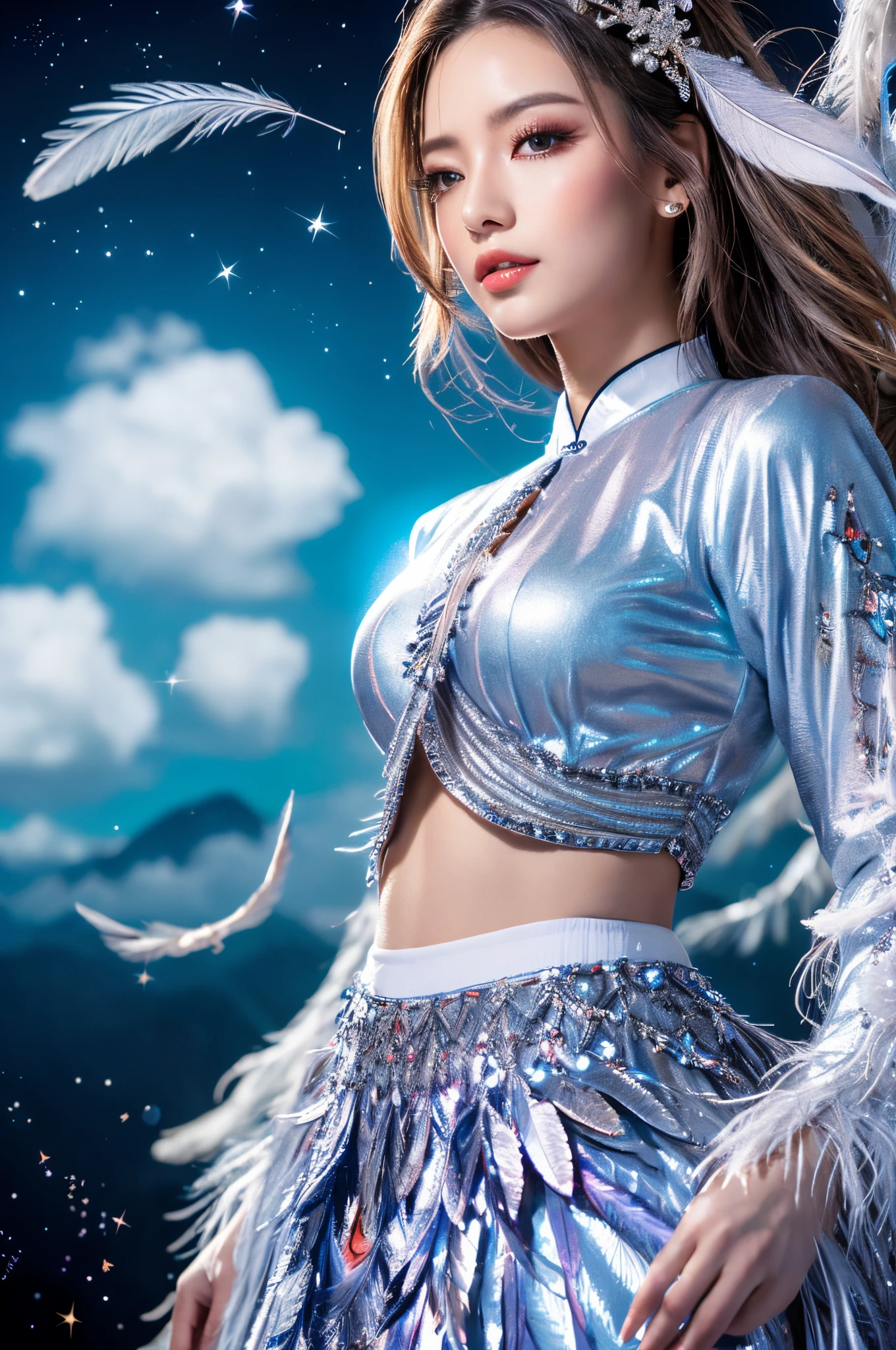 (tmasterpiece, top-quality, Best quality at best, extreme hight detail, extreme hight detail, offcial art, Beauty and aesthetics: 1.2), asiagirl,  upperbody shot, pretty  face, Alone, perfect bodies, Fly in the sky, portrait of one girl, Silver gradient hair, brunette color hair, faeries, Ambilight, (sexy for), suns rays, ​​clouds, Hanfu, Chinese clothes, Eau, glowworm , the night, starrysky, jewely, feathers on clothes, Peacock feathers, Light particles,