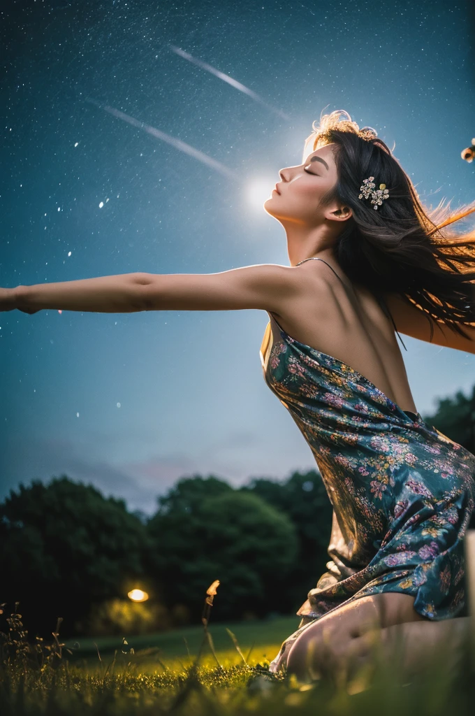 (Low angle shot), full body portrait, award-winning glamorous photography,((best quality)), (((masterpiece)), ((realistic)), beautiful 28-year-old woman, (long brown hair), brown eyes, innocent, a beautiful brunette woman twirling and dancing on a lawn in the moonlight, ((her head tilted back)), dreamy expression, ((eyes closed)), wearing a summer dress with a tiny blue and purple flower print, a summer night, dark sky, dark starry sky, dramatic composition, epic scale, sense of awe, ultra-high res.photorealistic:.1.4, (high detailed skin:1.2), 8k uhd, dslr, high quality, film grain, Fujifilm XT