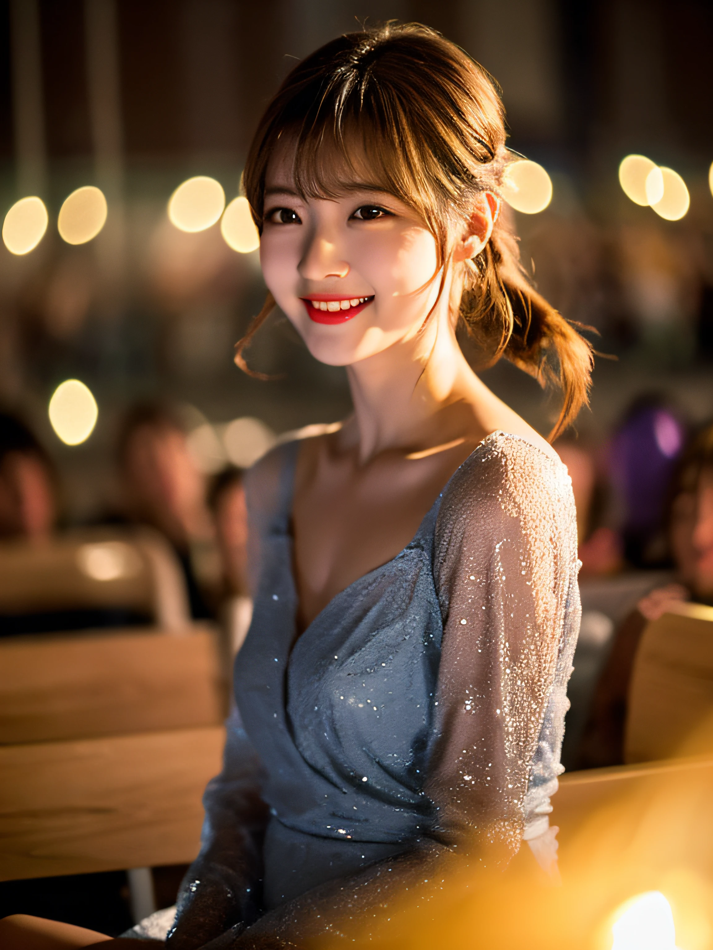 (Extremely delicate and beautiful: 1.2), 1girl in, Bangs, Blue eyes, blur, blur backgroun, Bow, Brown hair, Shut up, Side view, hair between eye, Hair Bow, lantern, light Particle, Long sleeves, Watch the audience, Medium Hair, Night, Red bow, Solo, Stars(symbol), Upper body, Smile, Red lips