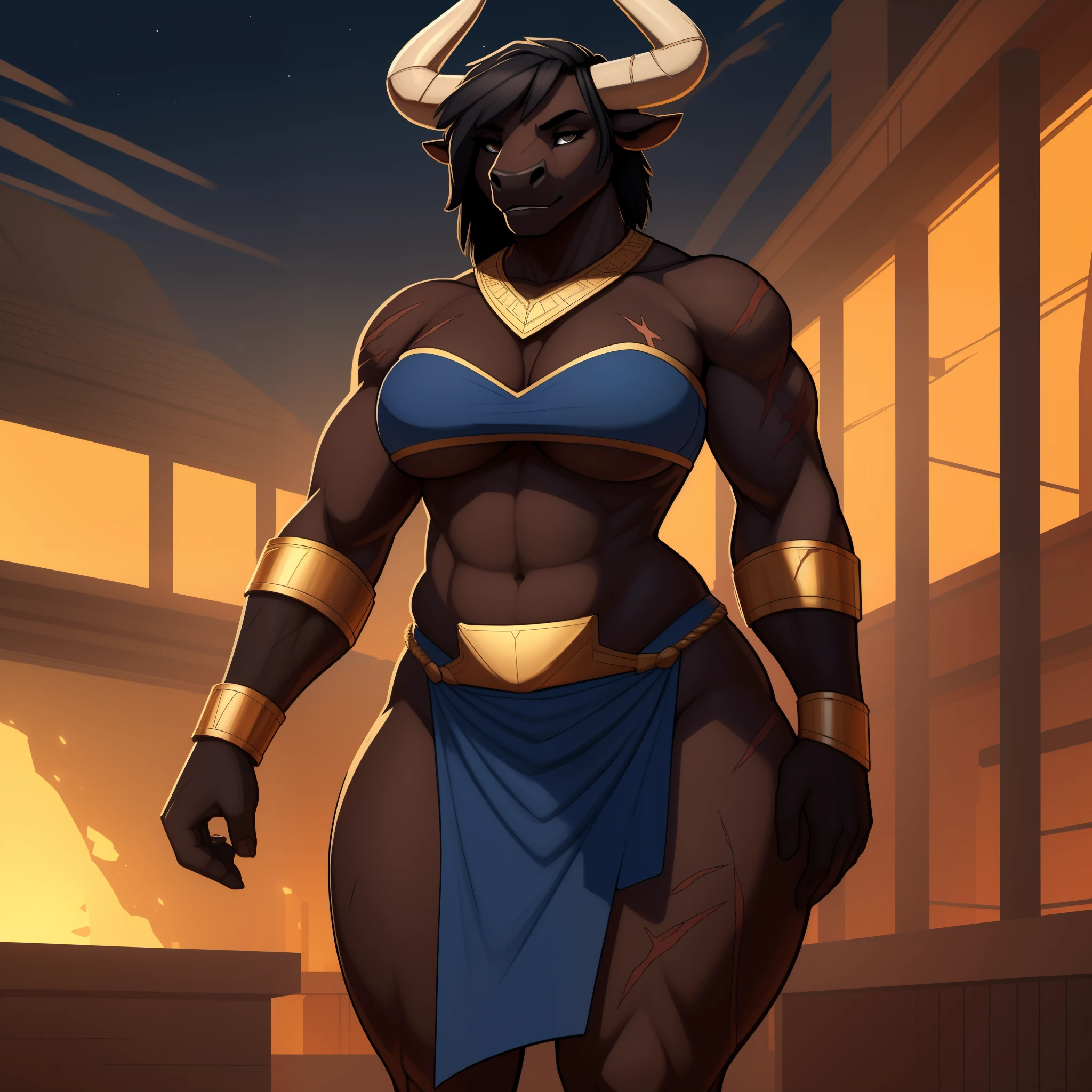 Tall_muscular_minotaur slighty_chubby female black_hair dark_brown_furry_body gray_eyes scars solo Masterpiece best_quality absurdres highly_detailed cleanly_drawn_eyes anthro_only by_claweddrip, by_greasymojo, by_underscore-b, by_runawaystride navy_blue_bandeau navy_blue_loincloth bronze_bracers bronze_greaves bronze_gorget