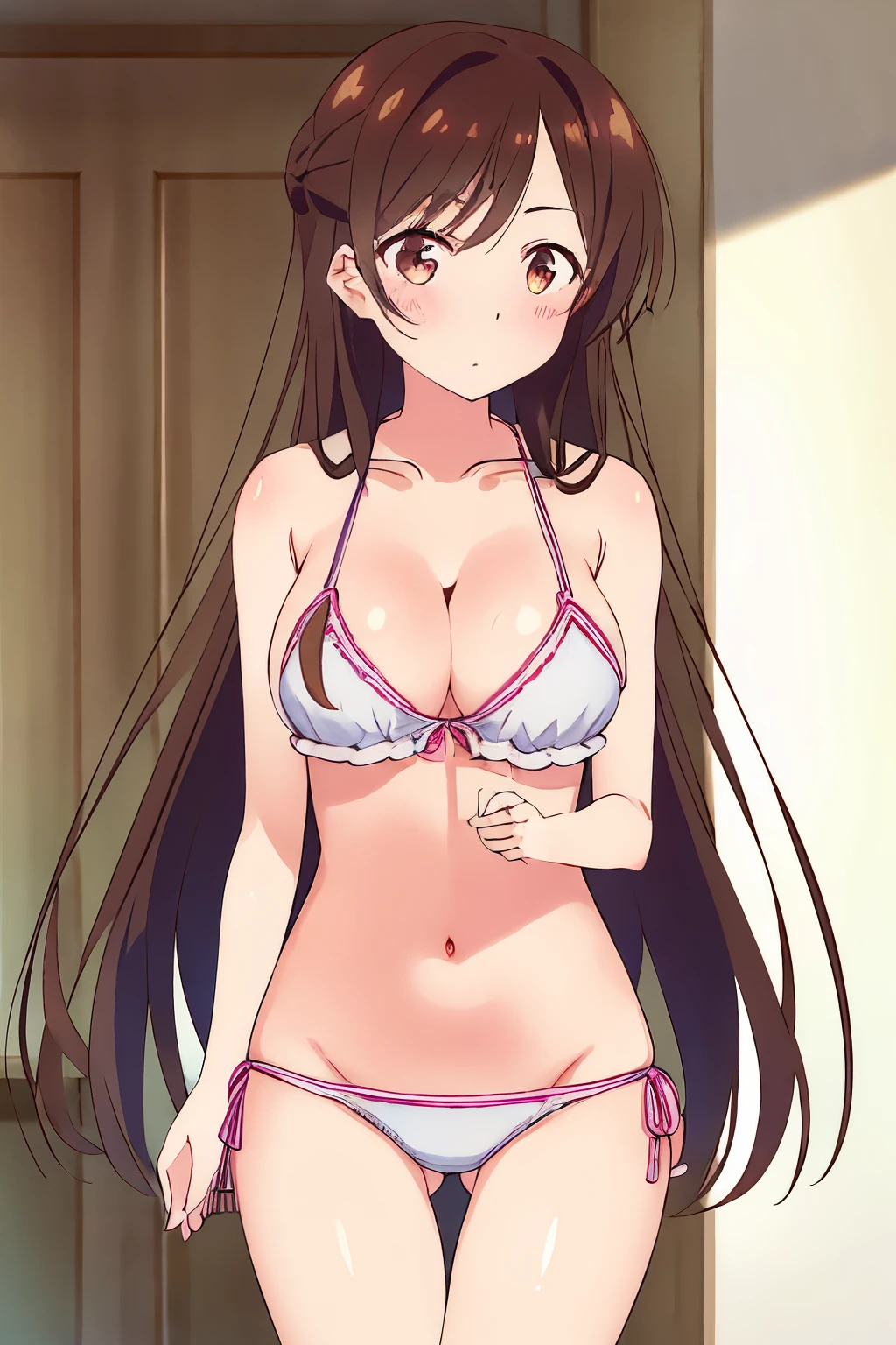 1 girl, alone, chizuru mizuhara, masterpiece, best quality, 8k wallpaper, beautiful detailed eyes, 1 girl, long hair, breasts, looking at viewer, blushing, brown hair, navel, cleavage, brown eyes, big breasts , medium hips, wide thighs, standing, collarbone, swimsuit, bikini, cowboy shot, side-tie_bikini_bottom, halter neck, ass_visible_through_thighs, thigh_gap, pink_bikini, mizuhara_chizuru