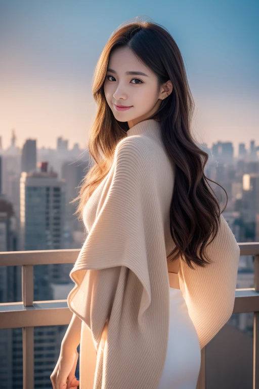 (Transcendent beauty:1.2), modeled, 25-years old, kawaii faces, The best smile, Gravure photos for fashion magazines, masterpiece, top-quality, winning artwork, ((hight resolution)), ((the Extremely Detailed CG Unity 8K Wallpapers)), Great skin, (Random Hair Styles), Perfect body line, Slender body, Clothes of prestigious brands, Autumn outfit, Classy and fashionable atmosphere, captivating and enticing, Sexy Girl, Stand against the backdrop of the city skyline, Autumn glow