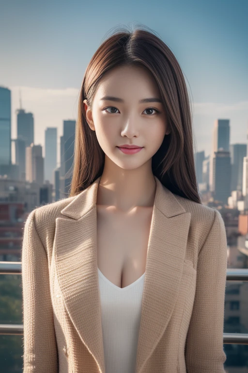 (Transcendent beauty:1.2), modeled, 25-years old, kawaii faces, The best smile, Gravure photos for fashion magazines, ​masterpiece, top-quality, winning artwork, ((hight resolution)), ((the Extremely Detailed CG Unity 8K Wallpapers)), Great skin, (Random Hair Styles), Perfect body line, Slender body, Clothes of prestigious brands, Autumn outfit, Classy and fashionable atmosphere, captivating and enticing, Sexy Girl, Stand against the backdrop of the city skyline, Autumn glow