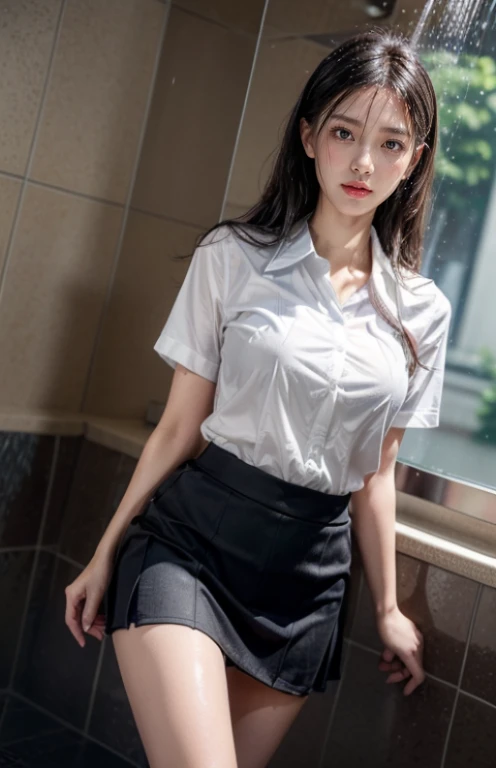(((Open your crotch and take a photo from below)))、(Crotch enlargement:1.5) ((Shower room)), ((drenched in water 1:1)), (Wet Uniform Blouse)、hi-school girl Pose Seductive (Strong shower:1.3), (Wet:1.3), water dripping, (Shibuya:1.4)Close up with crotch emphasis、best qualtiy, Full body like,refined face,kawaii faces,Young Woman,slimfigure,Smaller bust,office lady tight skirt school uniform,Office wear,black lence stockings,Outdoor Scene,(Accurate and perfect face:1.3),(Long legs:1.3),Cinematic lighting, masutepiece, super detailing, High quality, high detailing, Best Quality, 16 K,High contrast