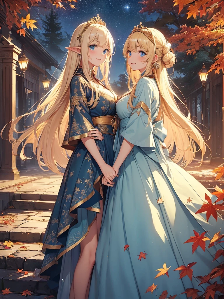 top-quality、Top image quality、masterpiece、The season is autumn、girl with((20yr old、Best Bust、big bast、Bust 90,Beautiful blue eyes、,Blonde long hair、A slender、Fairy feathers、In beautiful dresses of various colors、Good Sisters、a closeup、is standing、Gold ring on wrist、beautiful tiara、hiquality、Beautiful Art、Background with((starrysky)))masutepiece、visualart、depth of fields、sky at night、、 、low angles、A sexy、Elven ears、Feathers glow in iridescent colors、light magic、in beautiful woods、Big trees、mid night、Flute melodies🎵、Fun Concerts、Happy smile、Gentle light、autumnal、Colored leaves Autumn leaves🍁、Palace courtyard