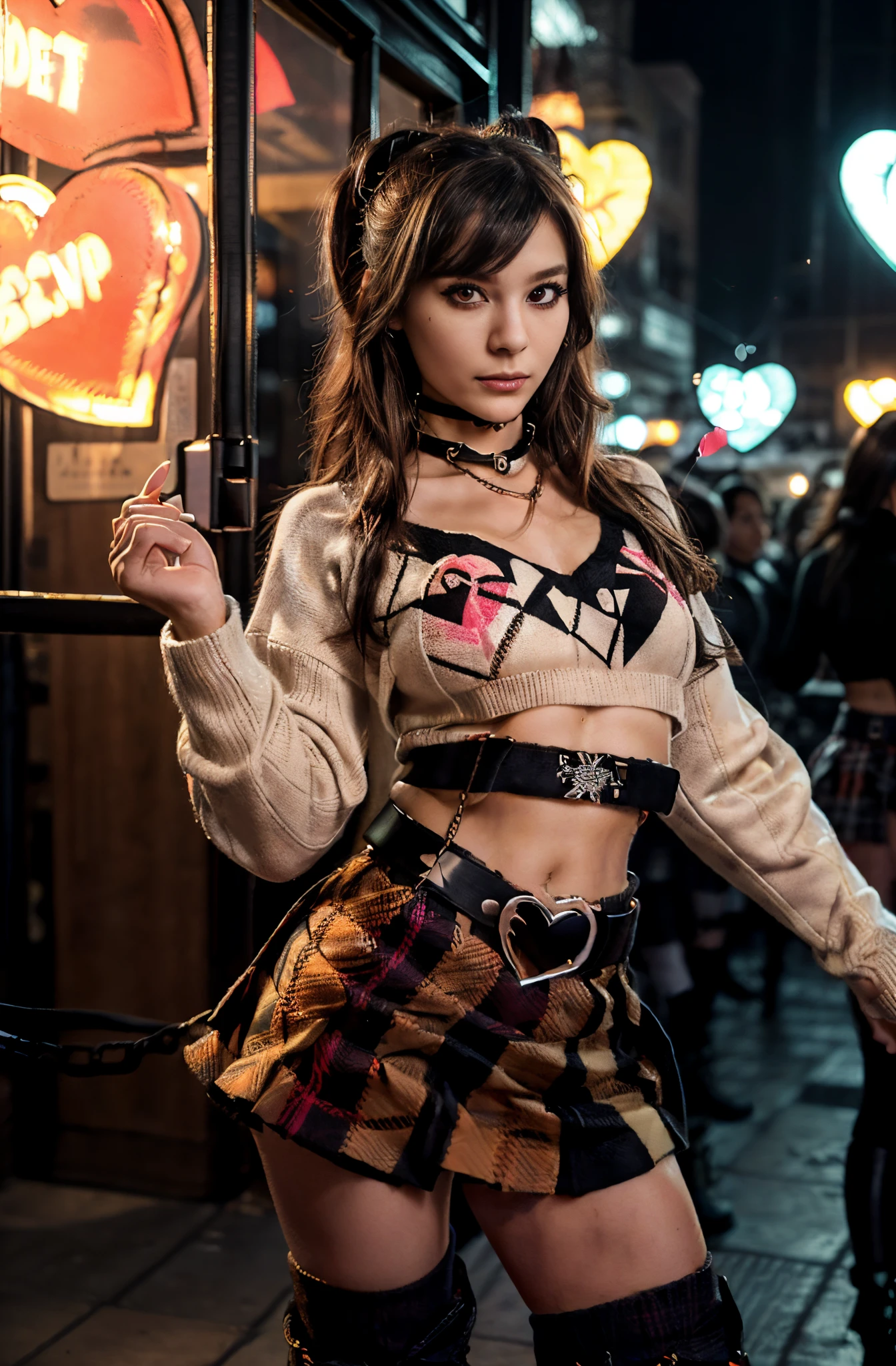 Reimu Hakurei at a rave, looking at the viewer with an seductive smile while dancing, confident, nightclub, neon lights,Brown hair, brown eyes, bangs, red ribbon, e-girl outfit, (((Crop top, Oversized Sweater, Plaid Skirt, black Combat Boot, Eyeliner, Heart-Shaped Stamp, Choker, Belt Chain:1.3))), 16 years old girl,