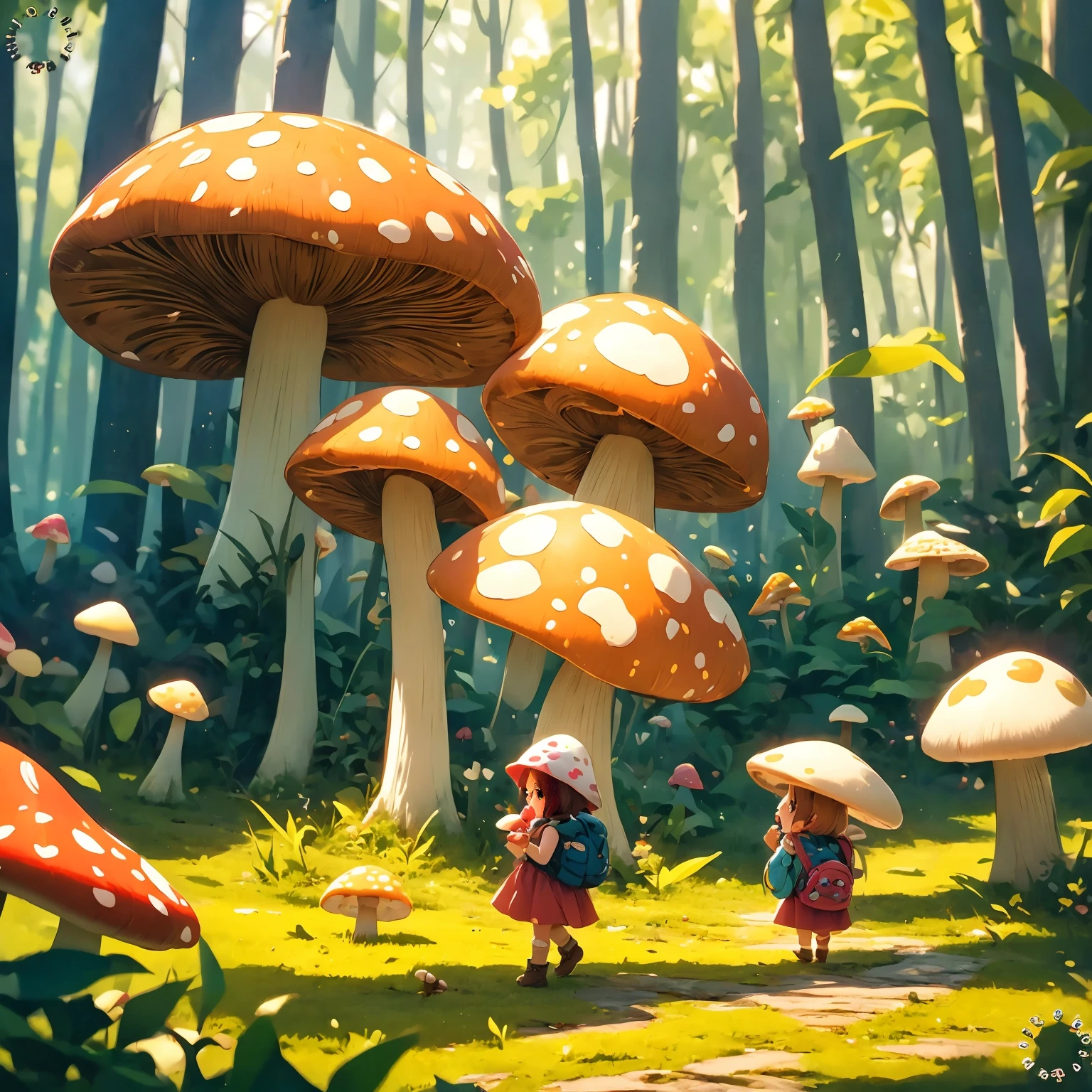 anime girl with mushroom hat and backpack walking through a forest, official art, cute detailed digital art, adorable digital painting, official artwork, mushroom forest, 🍁 cute, cute digital art, cute forest creature, cute art style, mushroom, 🍂 cute, official illustration, eating a mushroom, cute anime girl, with a cute toad, game art!!, character art of maple story