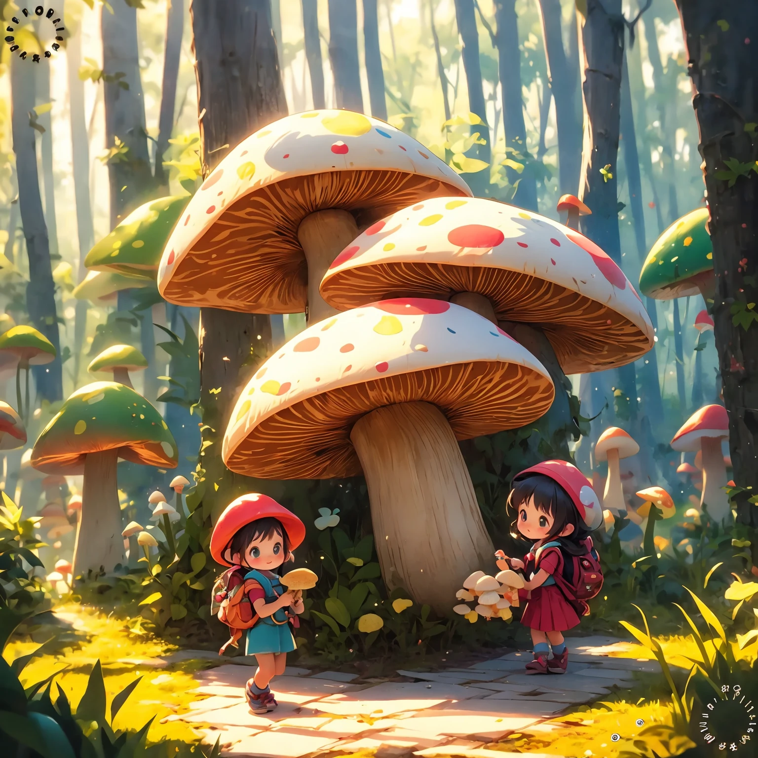 anime girl with mushroom hat and backpack walking through a forest, official art, cute detailed digital art, adorable digital painting, official artwork, mushroom forest, 🍁 cute, cute digital art, cute forest creature, cute art style, mushroom, 🍂 cute, official illustration, eating a mushroom, cute anime girl, with a cute toad, game art!!, character art of maple story