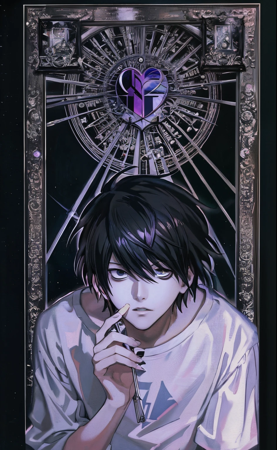 a painting of a man with a heart on his chest, death note, death note style, by Takeshi Obata, l · Lawliet, inspired by Takeshi Obata, death note ， d & d, light yagami, yagami light, style of junji ito, manga”, junji ito artwork, art style of junji ito , L Lewnit . Death Note