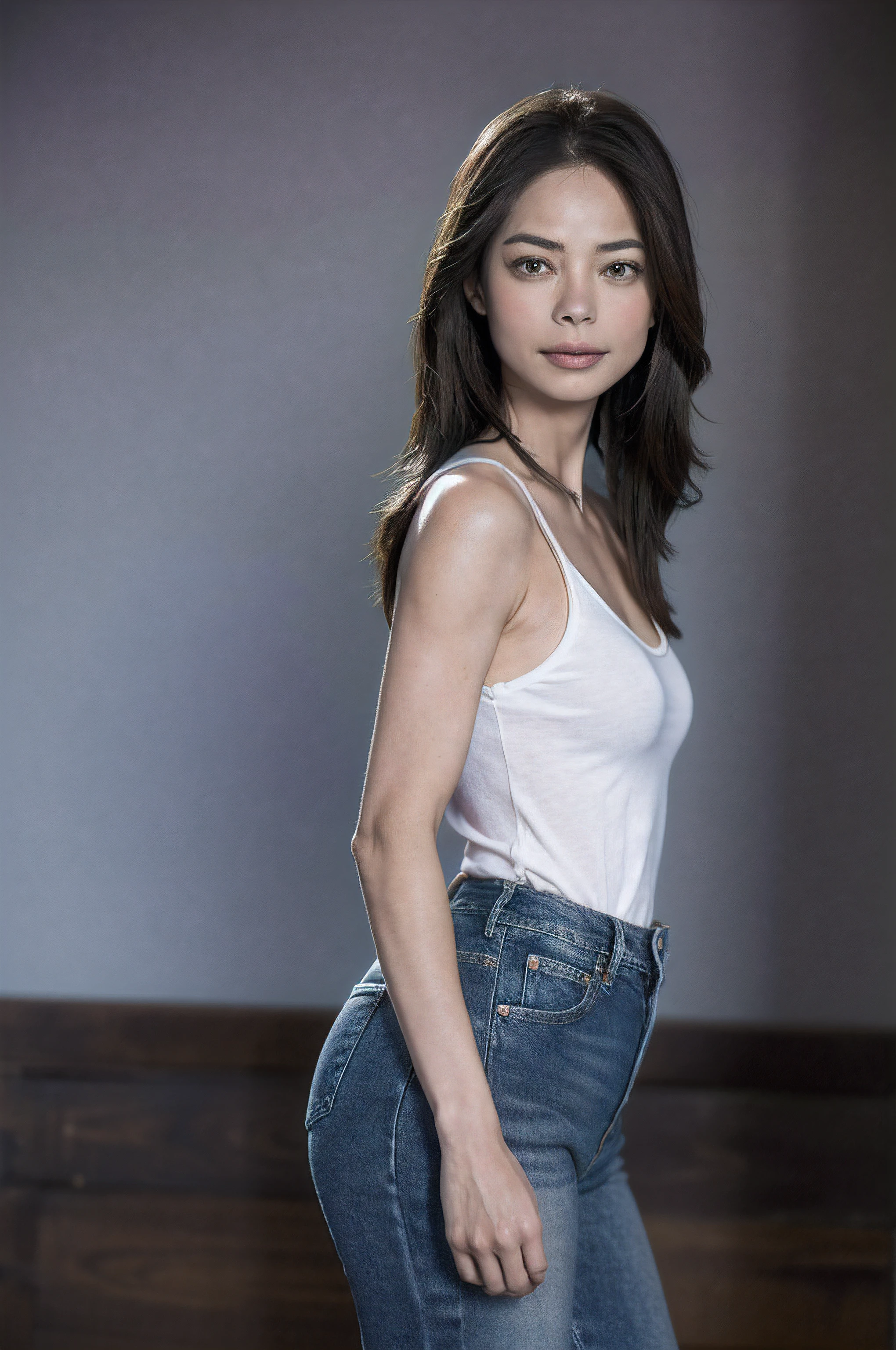 Kristin Kreuk, cabello negro(Figura alta y esbelta), The tall woman is in the dark haystack, pacas de heno por todas partes, puesta del sol, (bashful), arms behind the body, Small head, little guy_senos:1,8, top de jeans rotos, Tapa corta, cuerpo completo, ombligo, 鎖骨, de costes, Mirando al espectador, Falda micro denim, ((La falda no esconde tu)), ((Cara y ojos realistas detallados)), cinematography lighting, 8K resolution