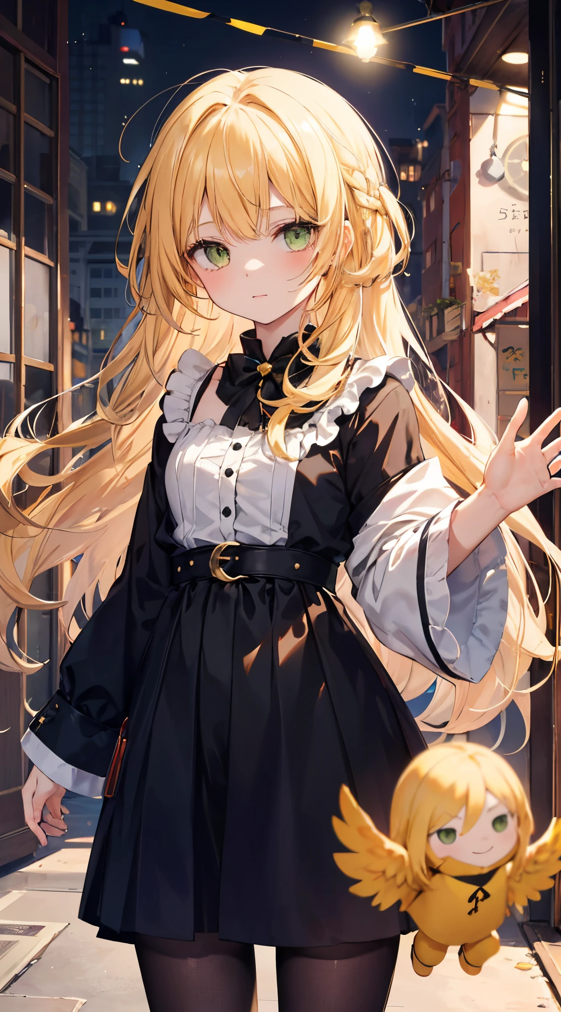 Envision a girl with golden hair and green eyes, trapped in curiosity, dancing with a wooden puppet. Focus on innocence, the plea 'Don't abandon me, for I'm just a foolish child,' and the transition from high affections to low-life regrets. Emphasize the repeated use of 'Yellow' with warm, vibrant hues.