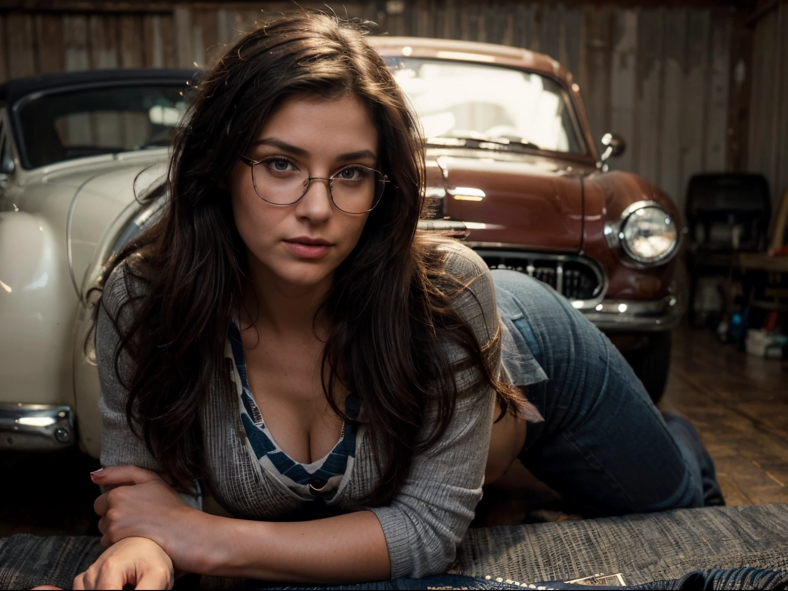 a female (Pin-striper:1.3) is sitting on a tool box (painting a pinstripe freehand on an old hotrod car), she's (painting a curvy detailed pin stripe) to a car, decoration, (she's creating fine intricate line work on car), ((she's a Freehand pin striper:1.5)), using a specialty brush known as a pinstriping brush). exterior parking lot with sports cars and 1950s USA hotrods,realistic photo, (30% of photo is black in drawing:1.4), (freehand curvy pinstripe boarders image:0.9), violet, blue, red, aqua (pinstripe on car:1.3) , she has thick dark-rimmed glasses on and is intensely looking at brush (early sunrise light:1.1), (Rembrandt lighting:0.9) ,(relaxed intimate photoshoot), beautiful face, (she wears dark jeans, white tshirt with sleeves rolled up, white socks and work boots,)slight smile, intense presence, (perfect brush grasp:1.4), cozy relaxed, catching us, beautiful hands, kind eyes, gorgeous soft warm lighting:1.4,, incredible details, ((high contrast)), (deep, darkest shadows), (shadow details:1.0), ((taken using Leica camera, aperture: f/2.3)) , hyper-realistic skin, pores, scar, mole, (she has dark hair in variety of styles, tidy), healthy skin,, her arms relaxed holding book, she sits on a tool box, relaxed moment, badass artsy chick, hip, she's in dark with natural light glow, (romantic light:1.2), radiant skin, perfectly framed face, perfect relaxed hands, perfect fingers, (perfect portrait, incredible eyes:1.1), a work of art, beautiful composition, golden ratio, Kenny Howard, Ed Roth, Dennis Gibbish, and Dean Jeffries, inspiring, (highest quality fabric texture), every detail,Fine facial features – (Highest Quality) ,Leica camera film, High quality ○○ detailed – ○○ details ultra detailed(Ultra-fine ), Photorealistic, Extremely detailed(Extremely detailed) , (highest detail image, lens flare, realistic)○○ res – ○○ resolution ultra high res(A high resolution),playful relaxed photos